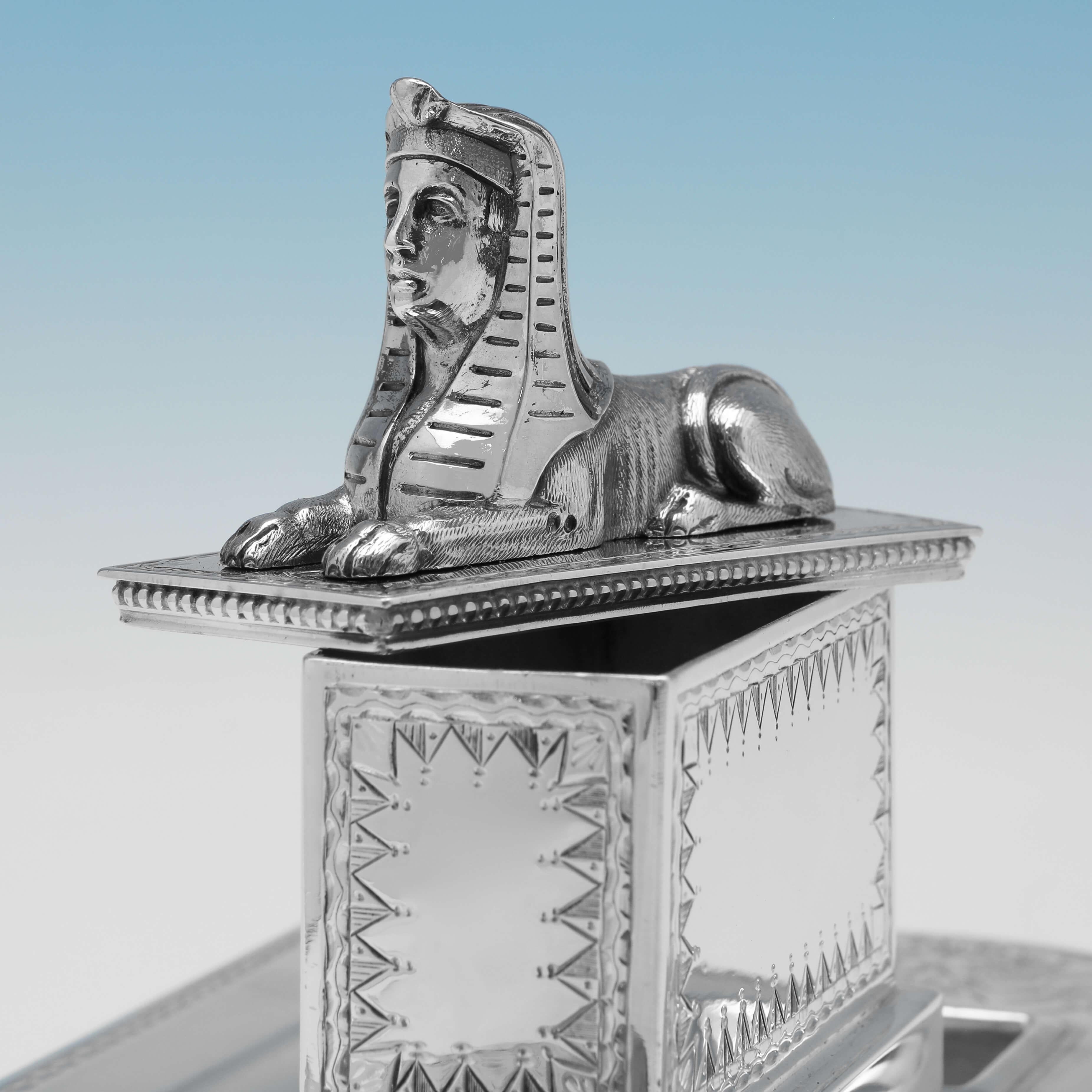 Egyptian Revival Victorian Antique Sterling Silver Ink Stand, Birmingham 1873 In Good Condition For Sale In London, London