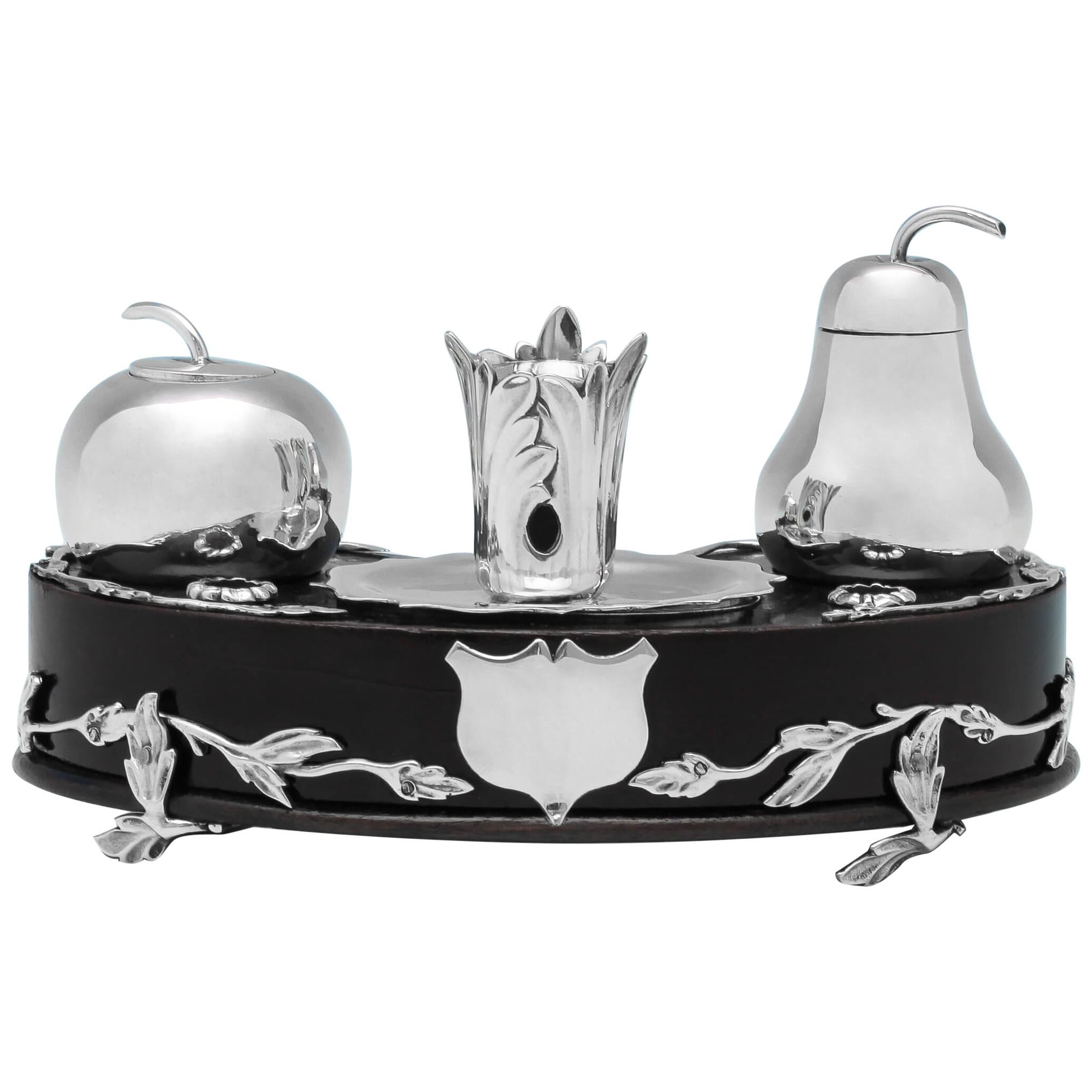 Naturalistic viktorianischen antiken Sterling Silber Neuheit 'Fruit Design' Ink Stand im Angebot