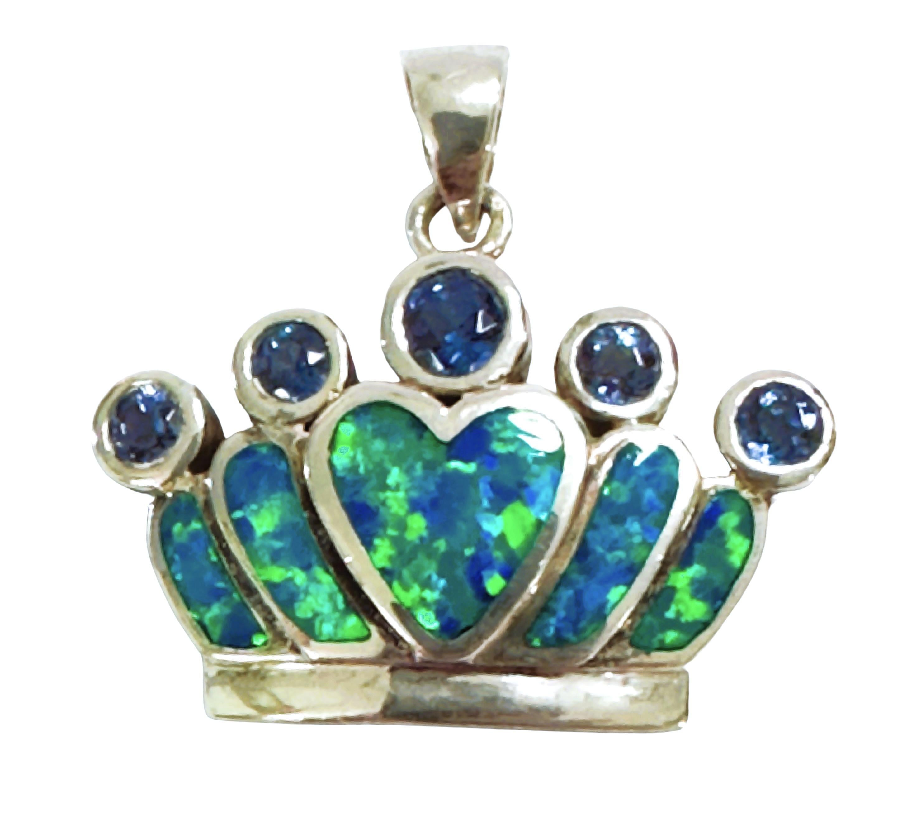 Mixed Cut Sterling Silver Inlaid Opal Crown Pendant For Sale