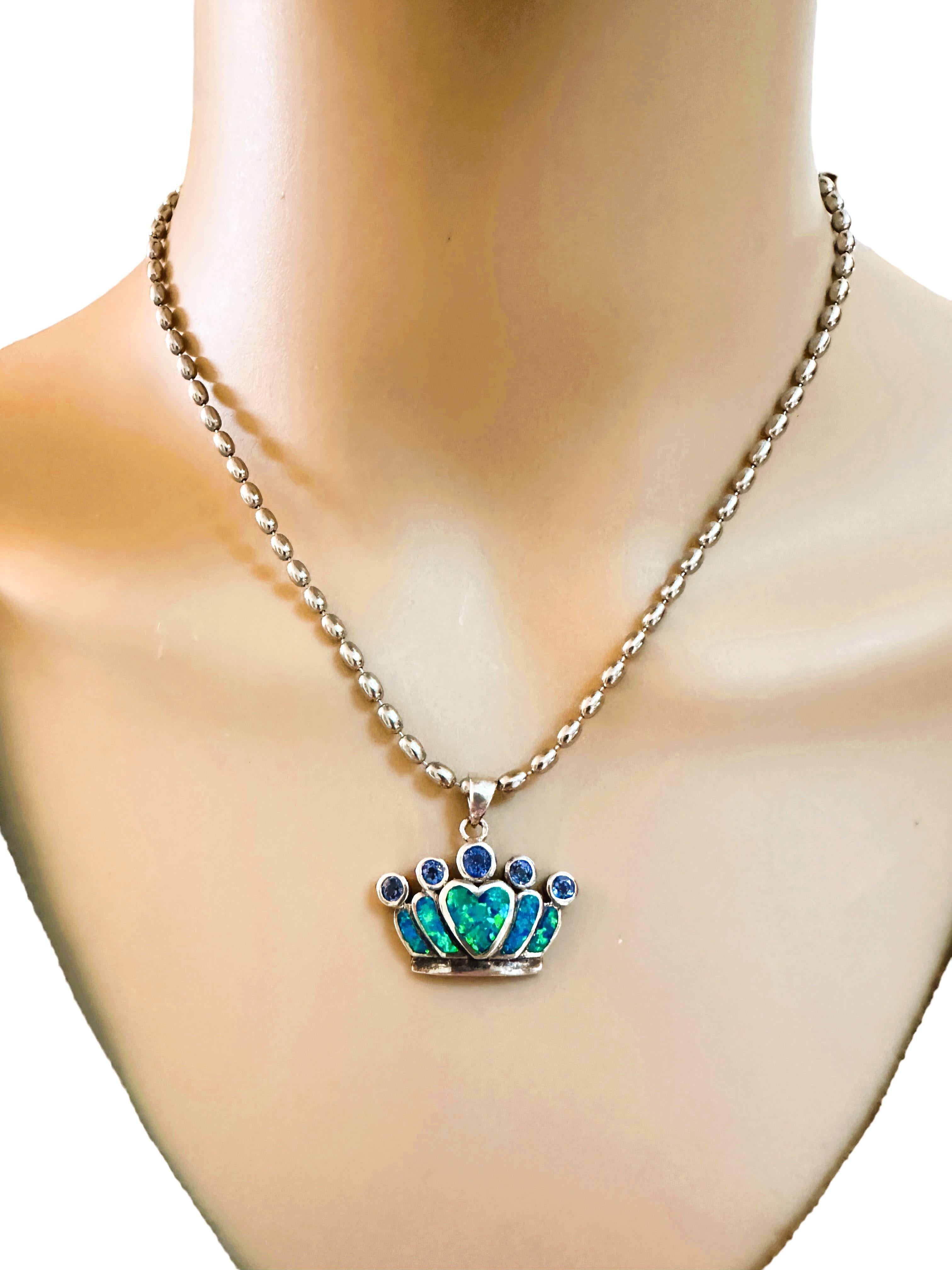 Women's Sterling Silver Inlaid Opal Crown Pendant For Sale