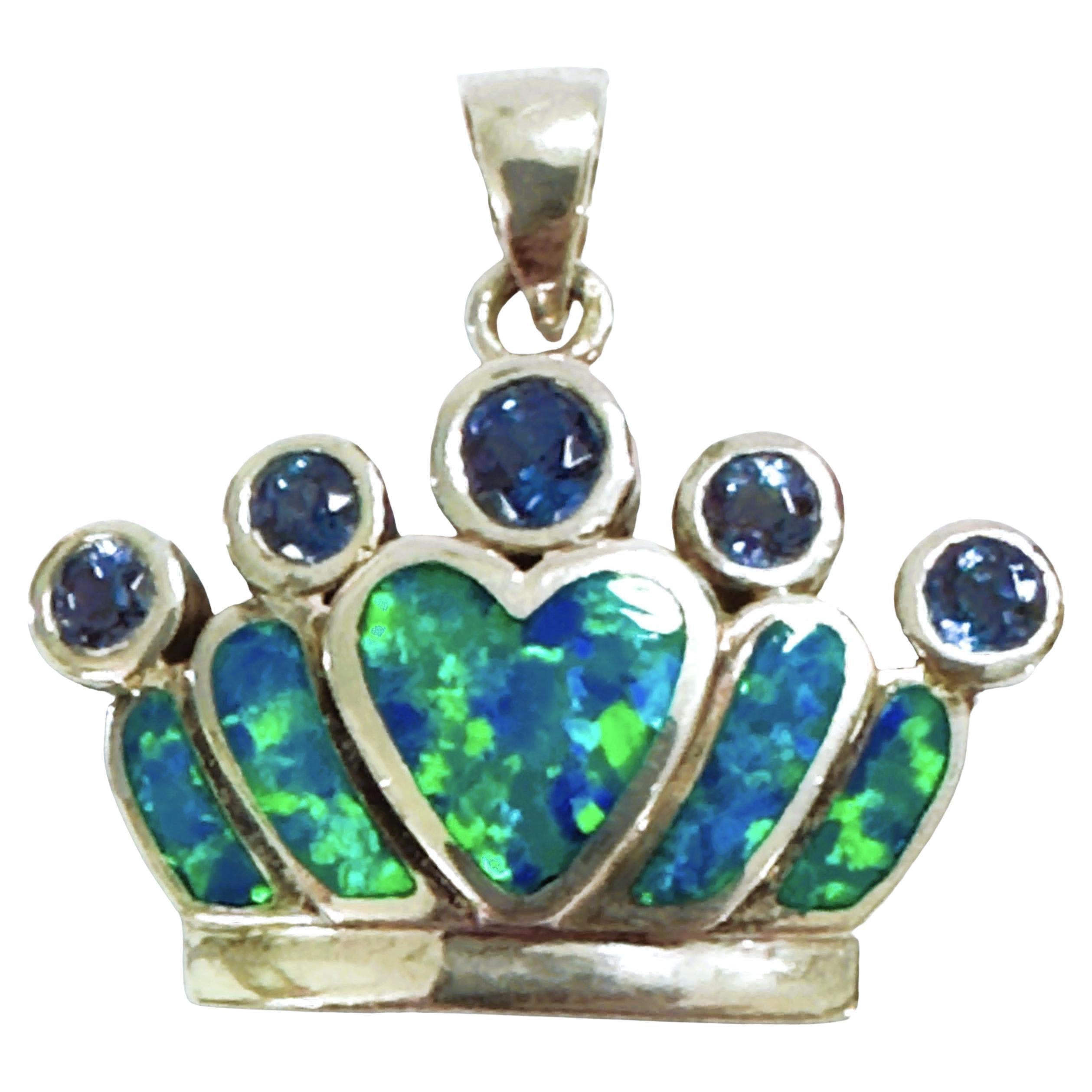 Sterling Silver Inlaid Opal Crown Pendant For Sale