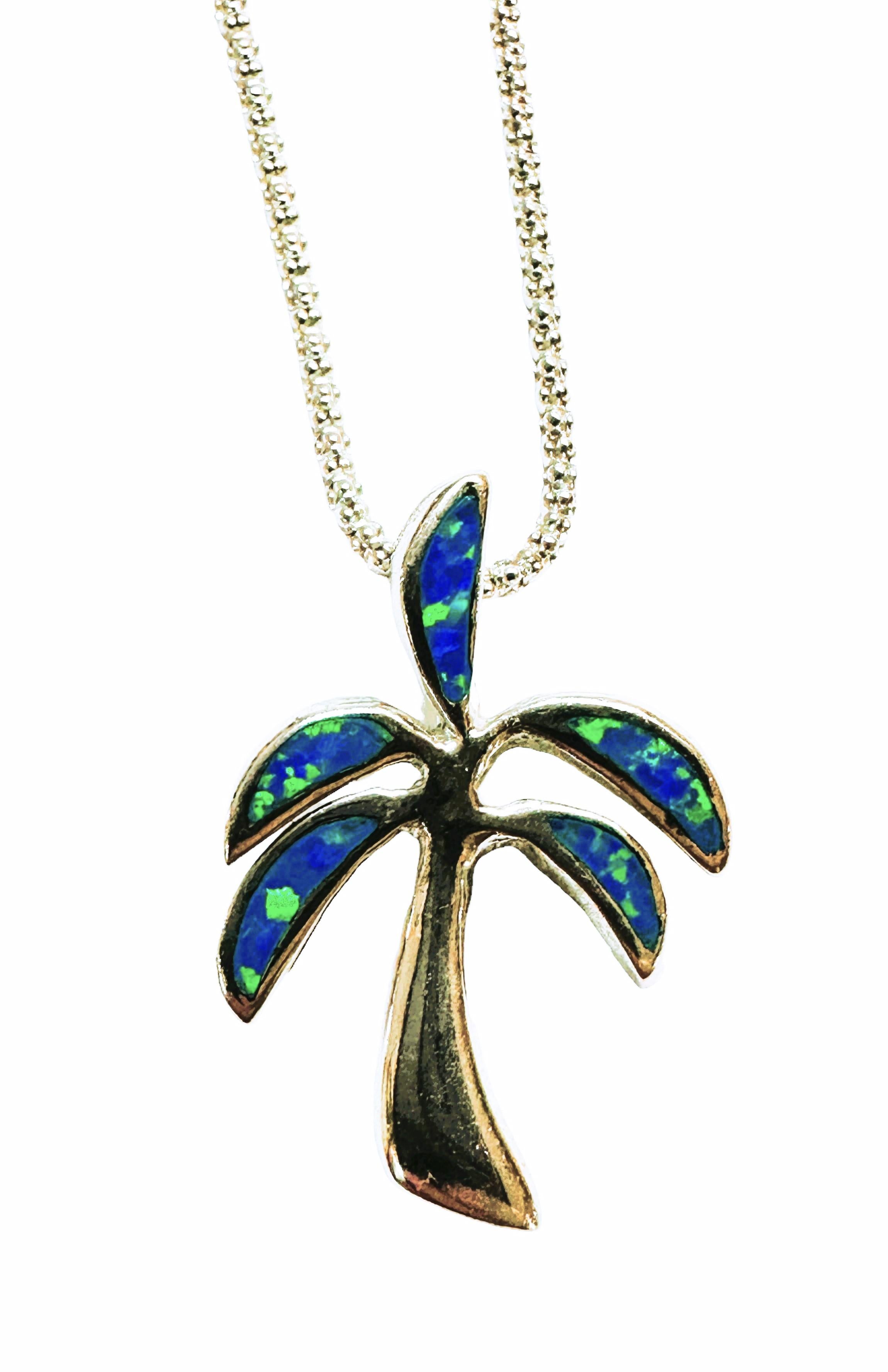 Mixed Cut Sterling Silver Inlaid Opal Palm Tree Pendant Necklace 18