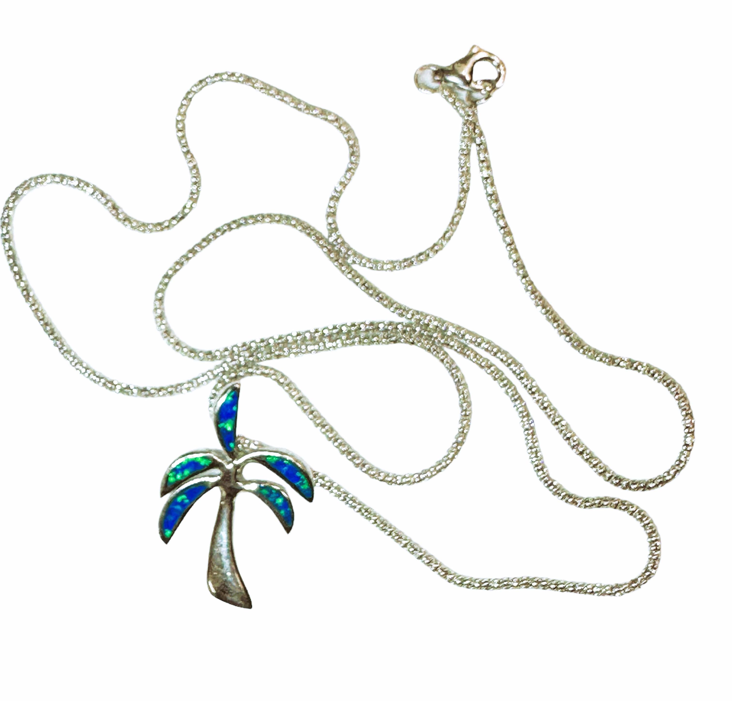 Women's Sterling Silver Inlaid Opal Palm Tree Pendant Necklace 18