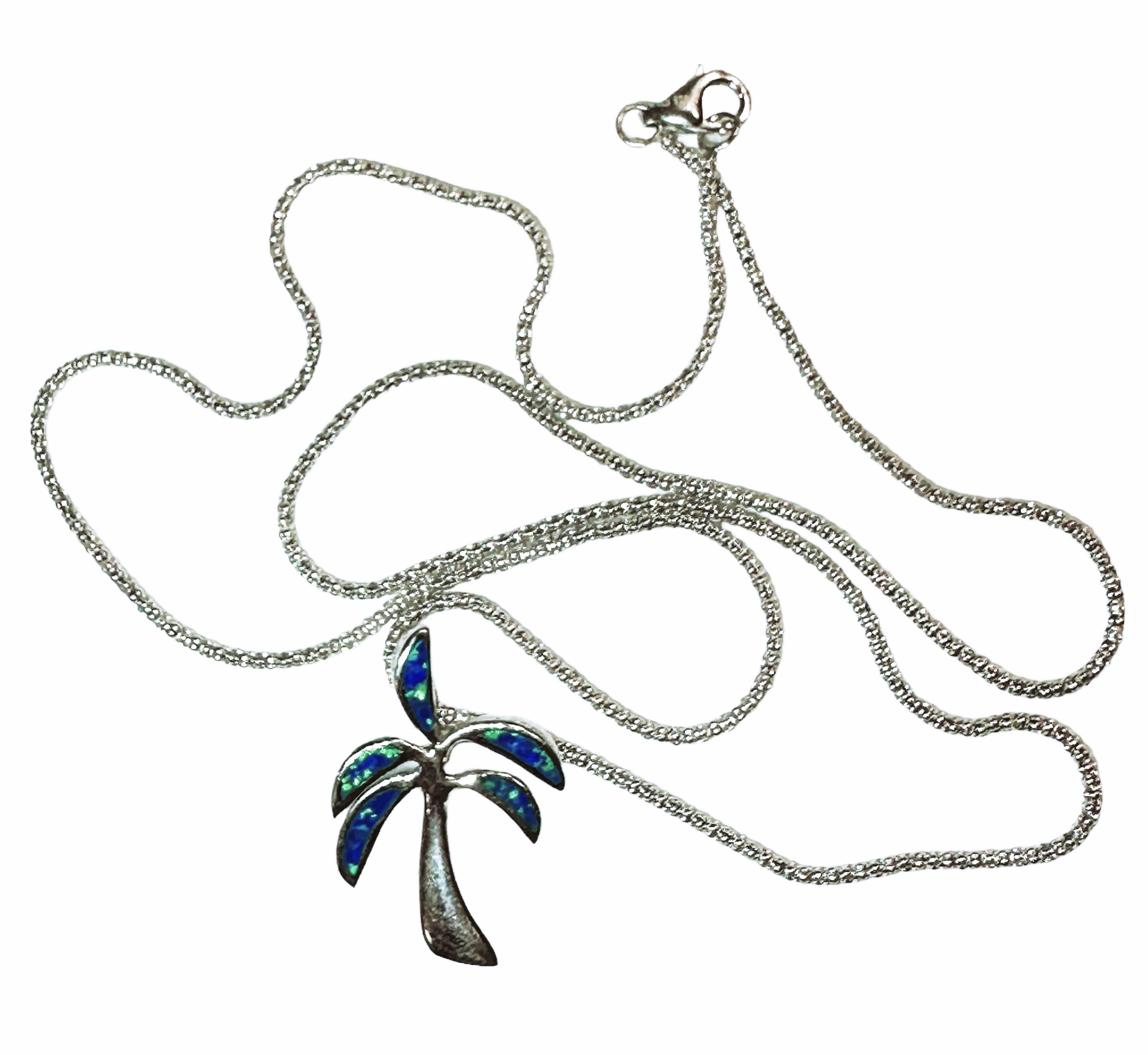 Sterling Silver Inlaid Opal Palm Tree Pendant Necklace 18