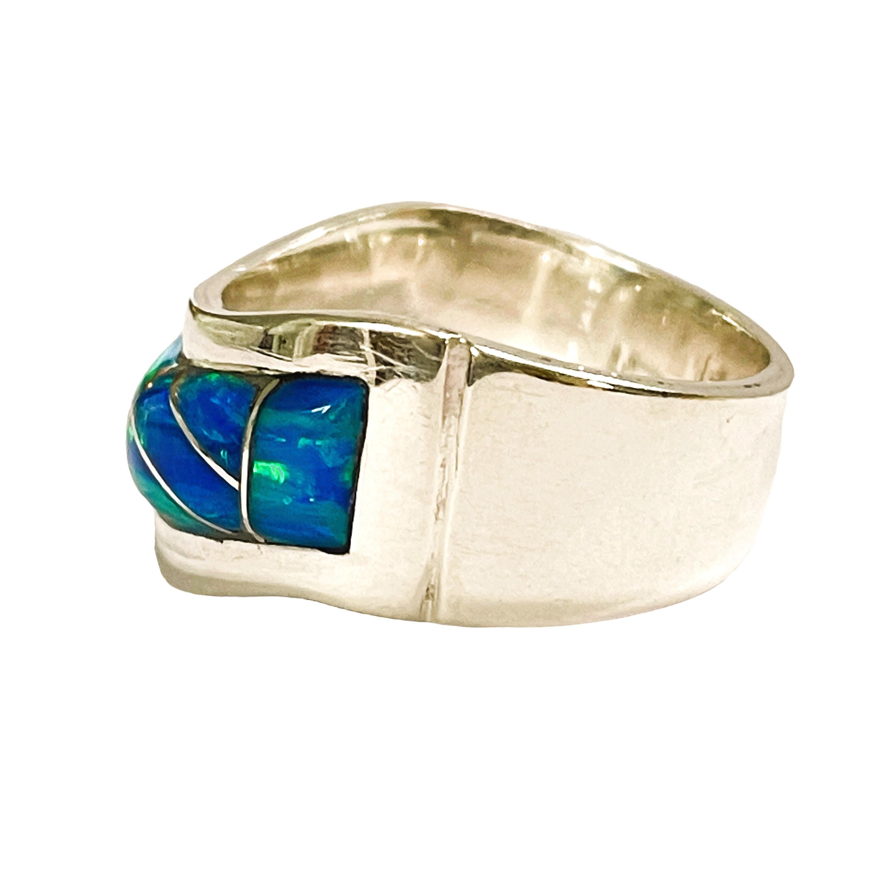 Art Deco Sterling Silver Inlaid Opal Ring, Stamped by Designer