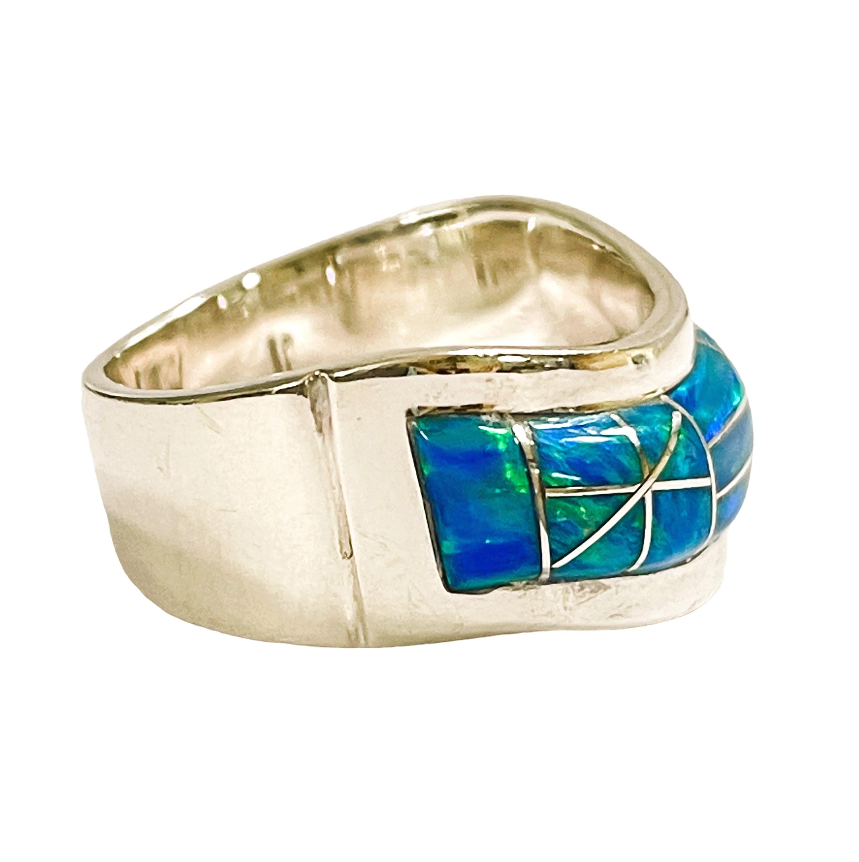 Sterling Silver Inlaid Opal Ring, Stamped by Designer In Good Condition In Eagan, MN