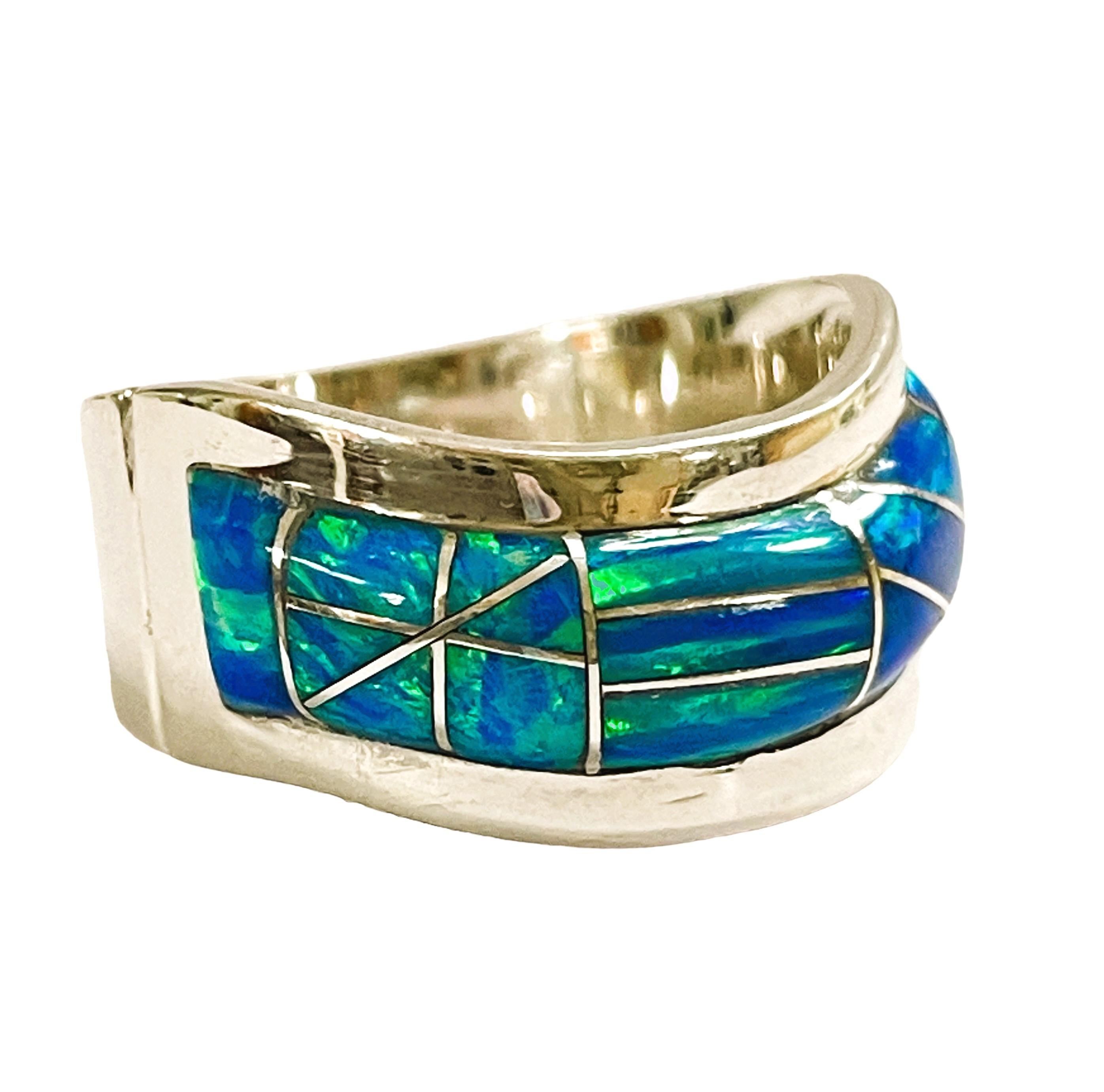 Women's Sterling Silver Inlaid Opal Ring, Stamped by Designer