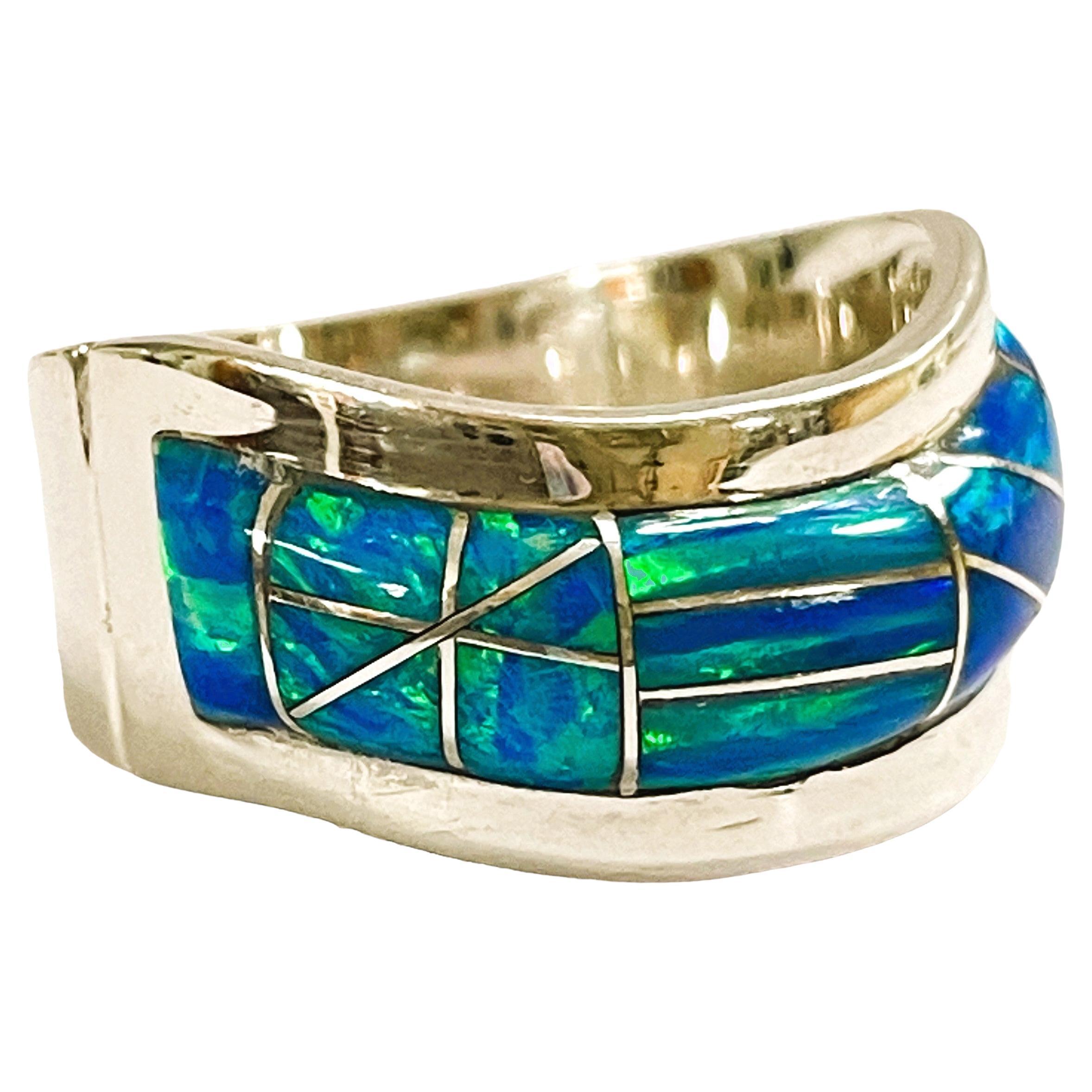 Sterling Silver Inlaid Opal Ring, Stamped by Designer