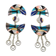 Sterling Silver Inlaid Turquoise Lapis Dangle Earrings - Hand Crafted