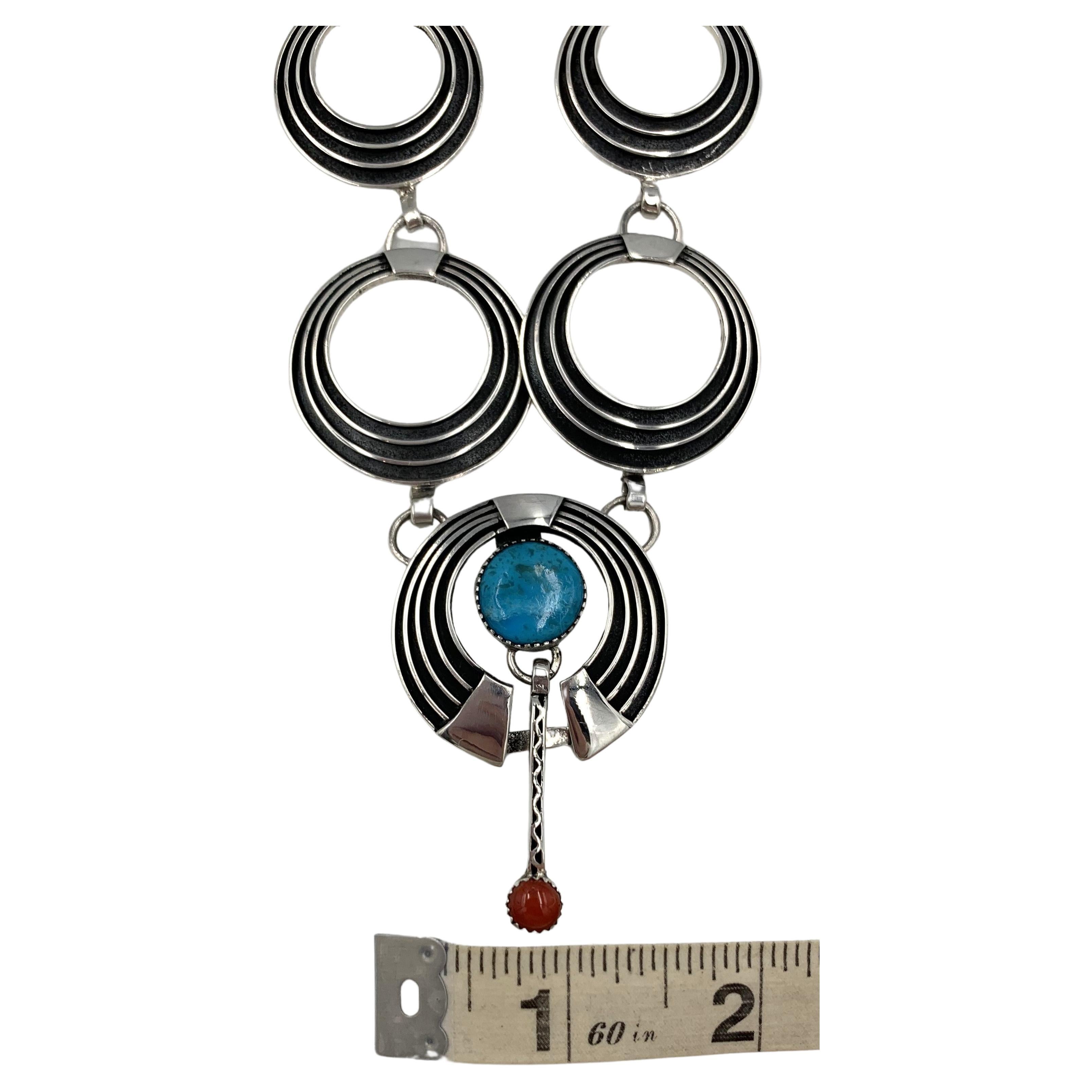 Sterling Silber Inlay Halskette & Ohrring Set, Anhänger mit Türkis & Koralle  im Angebot 8