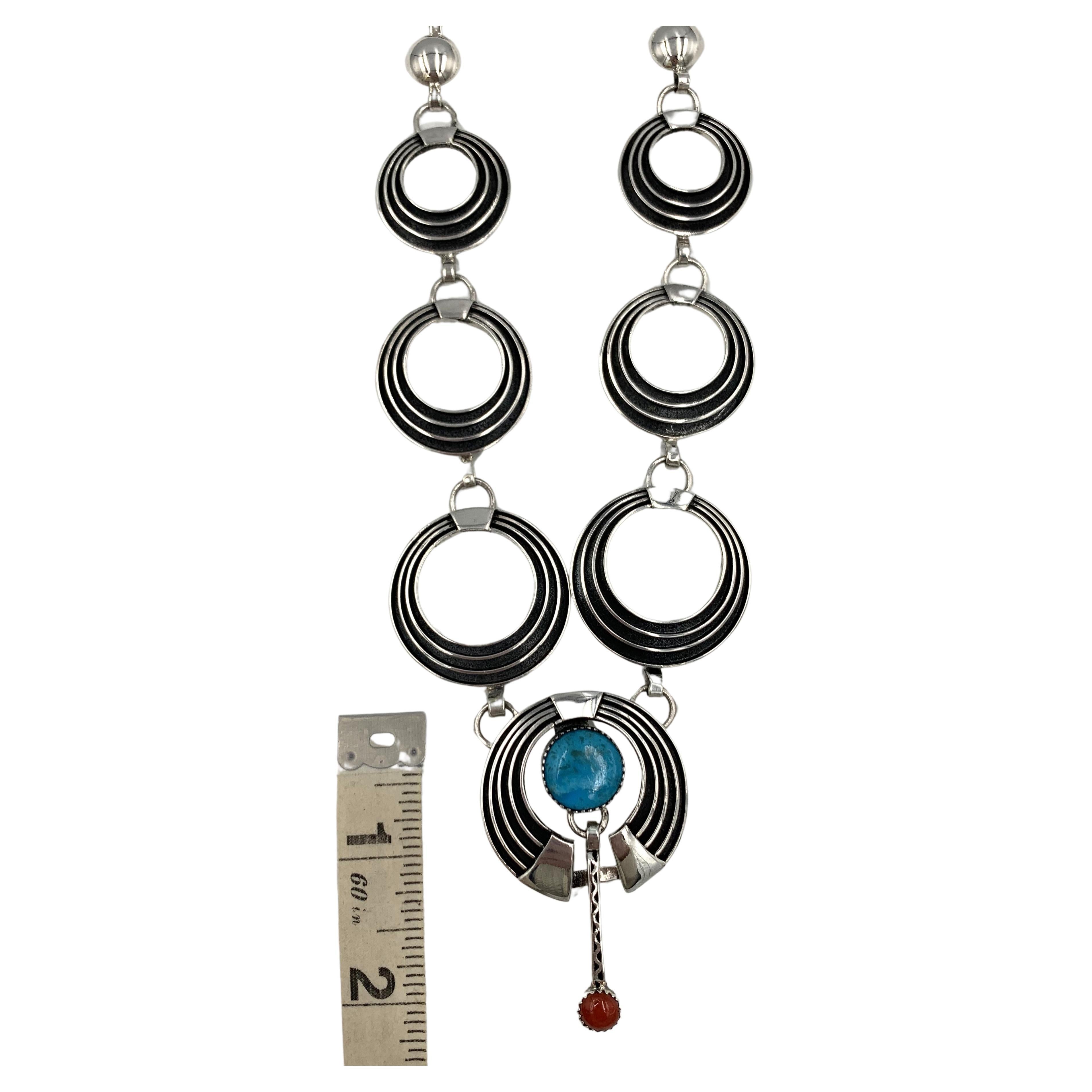 Sterling Silver Inlay Necklace & Earring Set, Pendant with Turquoise & Coral  For Sale 9