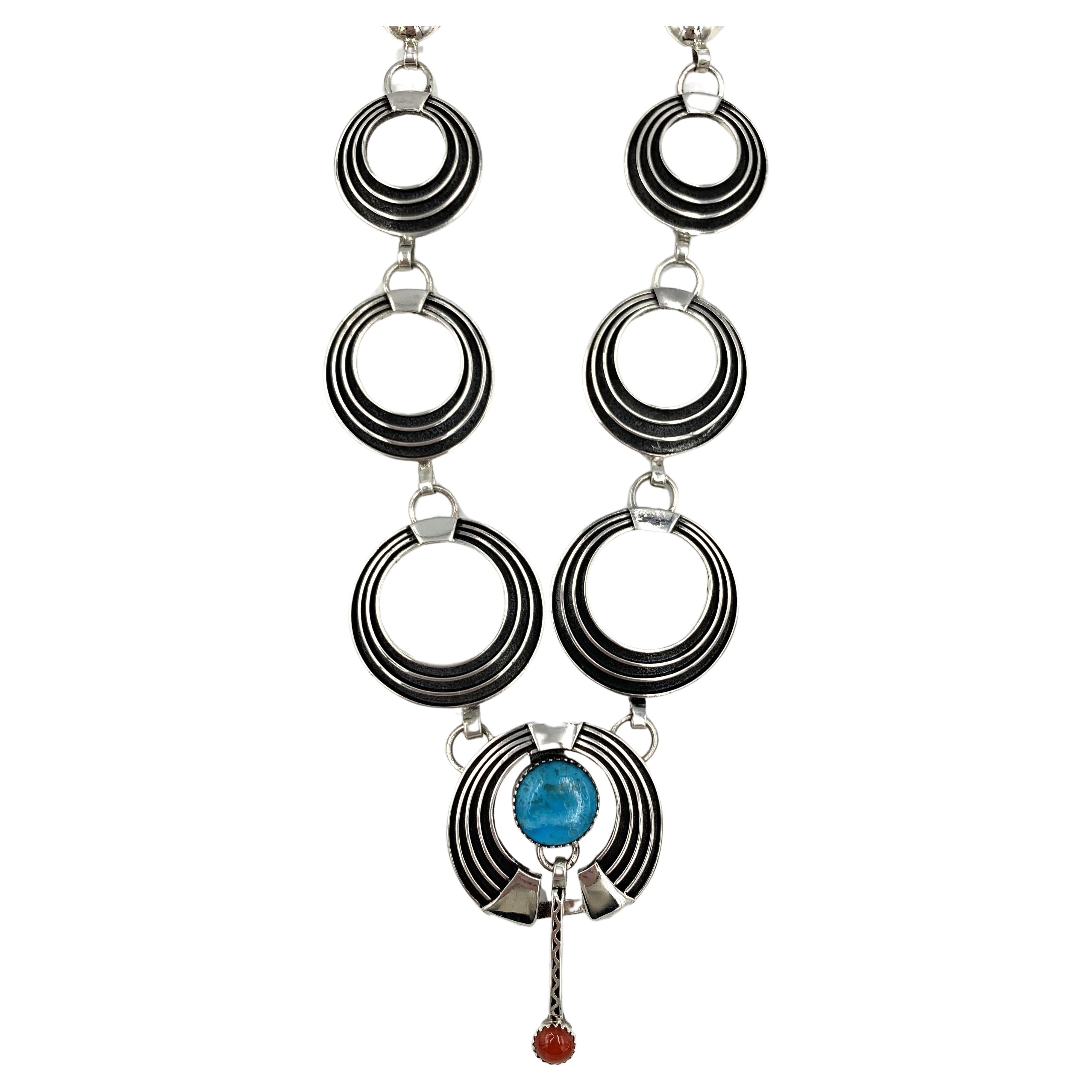 Native American Sterling Silver Inlay Necklace & Earring Set, Pendant with Turquoise & Coral  For Sale