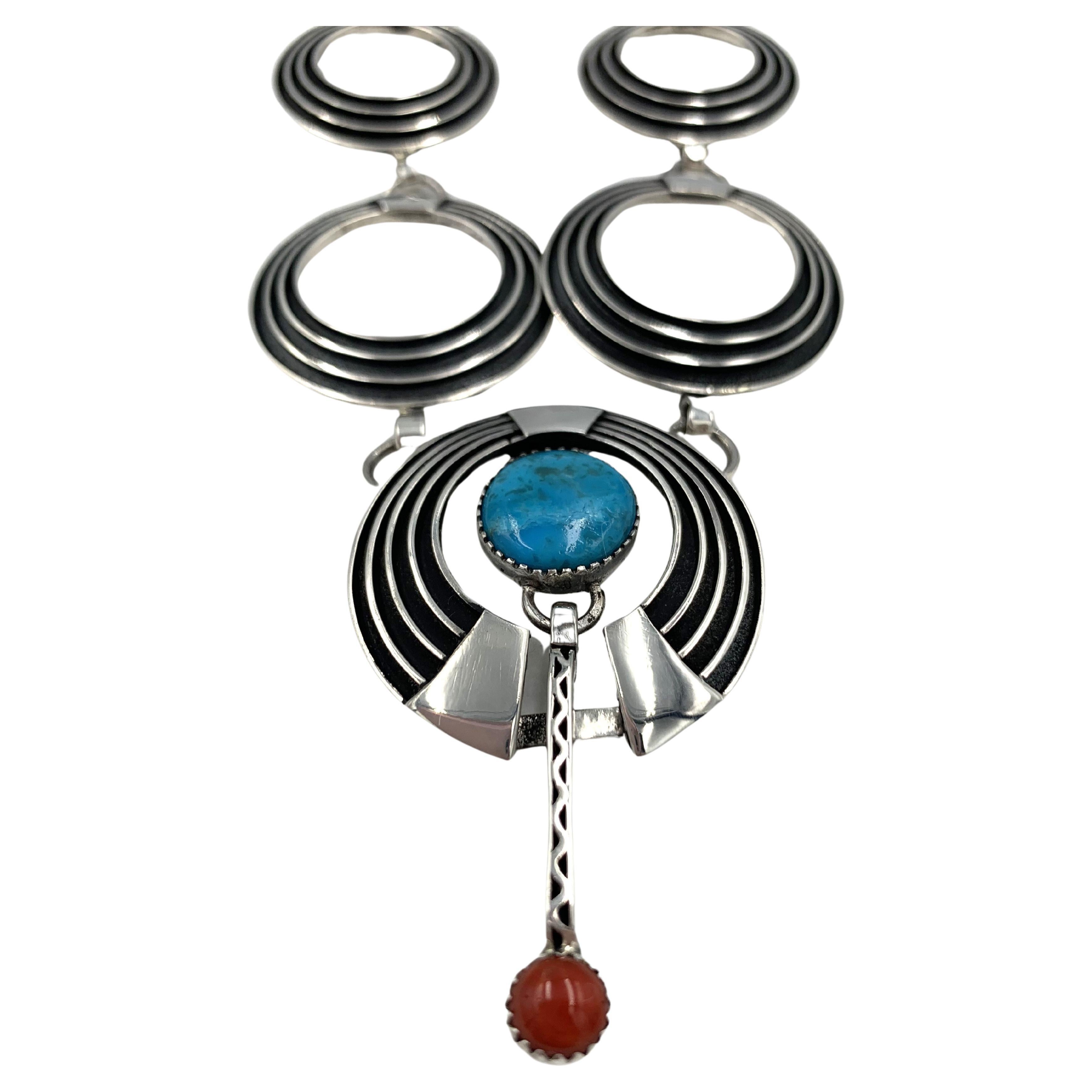 Sterling Silver Inlay Necklace & Earring Set, Pendant with Turquoise & Coral  In New Condition For Sale In Scottsdale, AZ