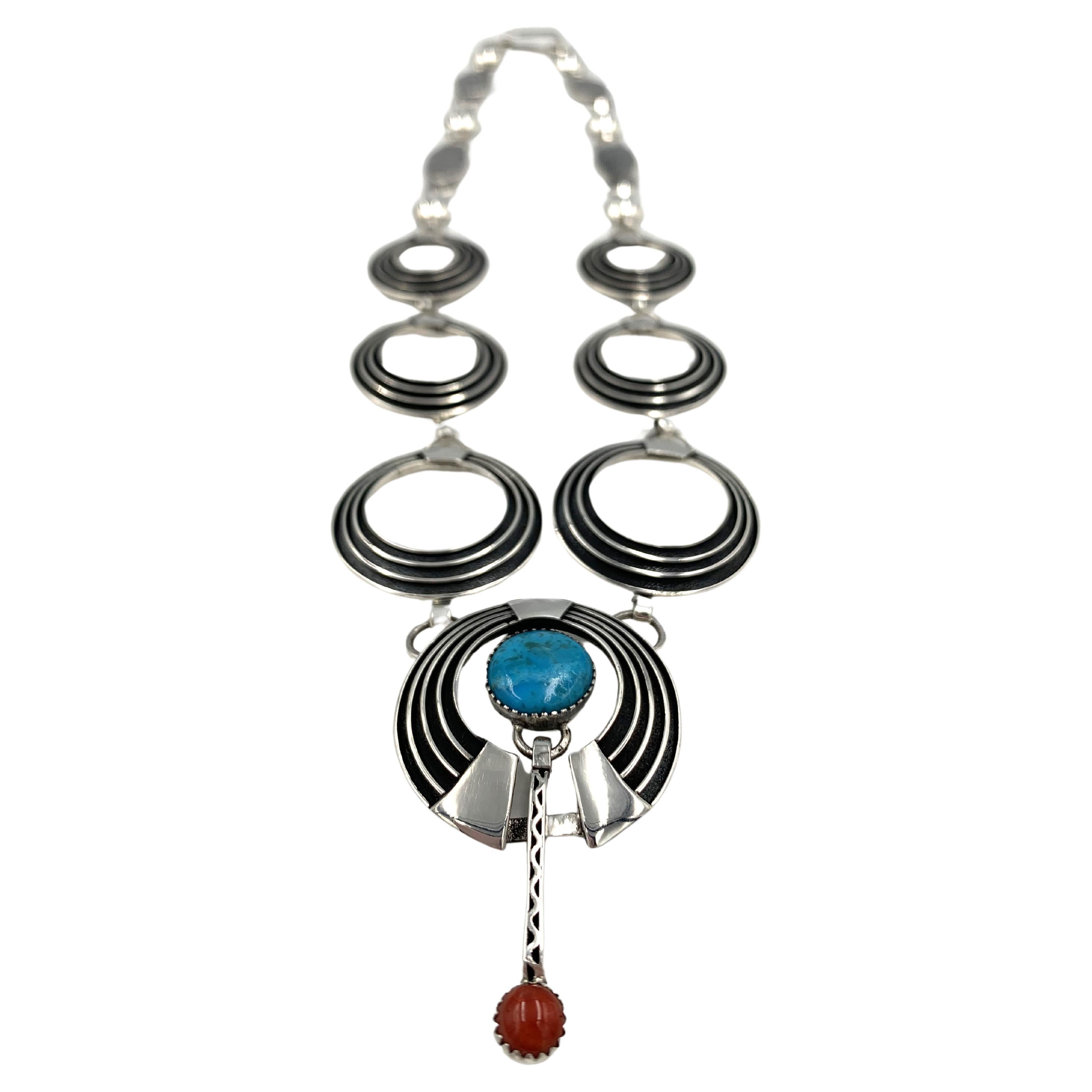 Sterling Silver Inlay Necklace & Earring Set, Pendant with Turquoise & Coral  For Sale