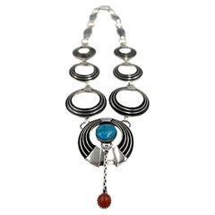 Sterling Silver Inlay Necklace & Earring Set, Pendant with Turquoise & Coral 