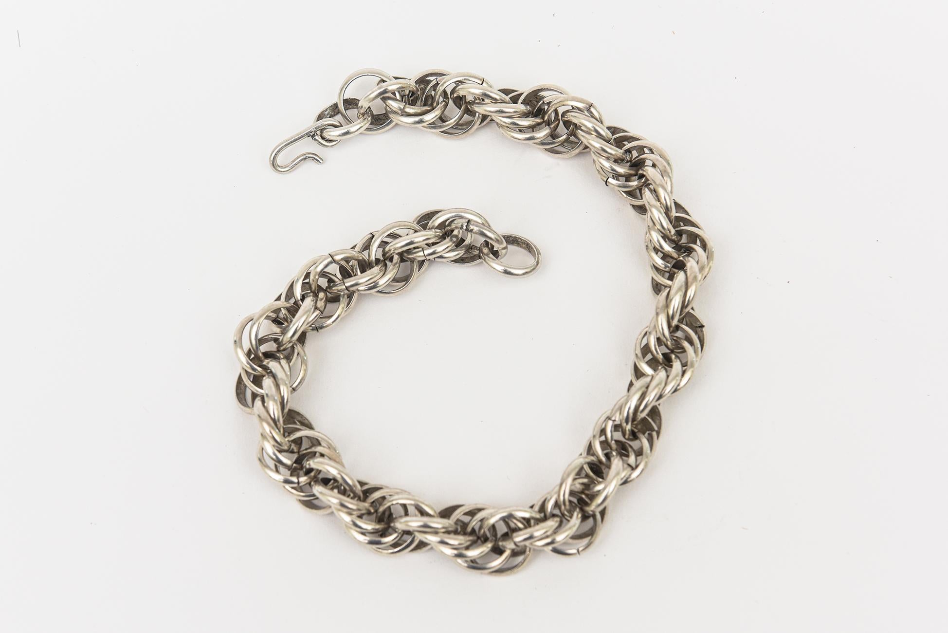 Modern Sterling Silver Vintage Italian Hallmark Twisted Link Sculptural Collar Necklace For Sale