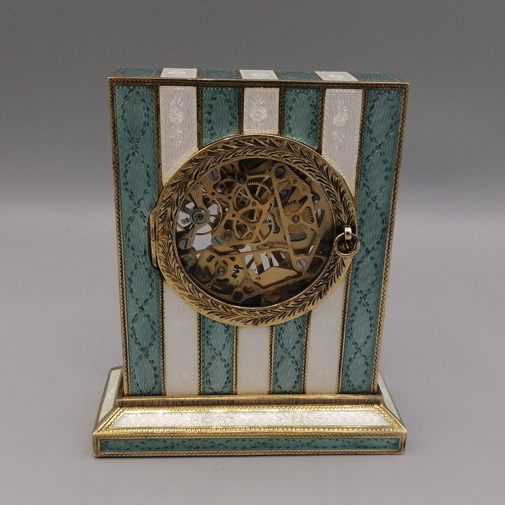 Other Sterling Silver Italian Table Clock Swiss Mechanical Skeletal Movement 8 Days For Sale