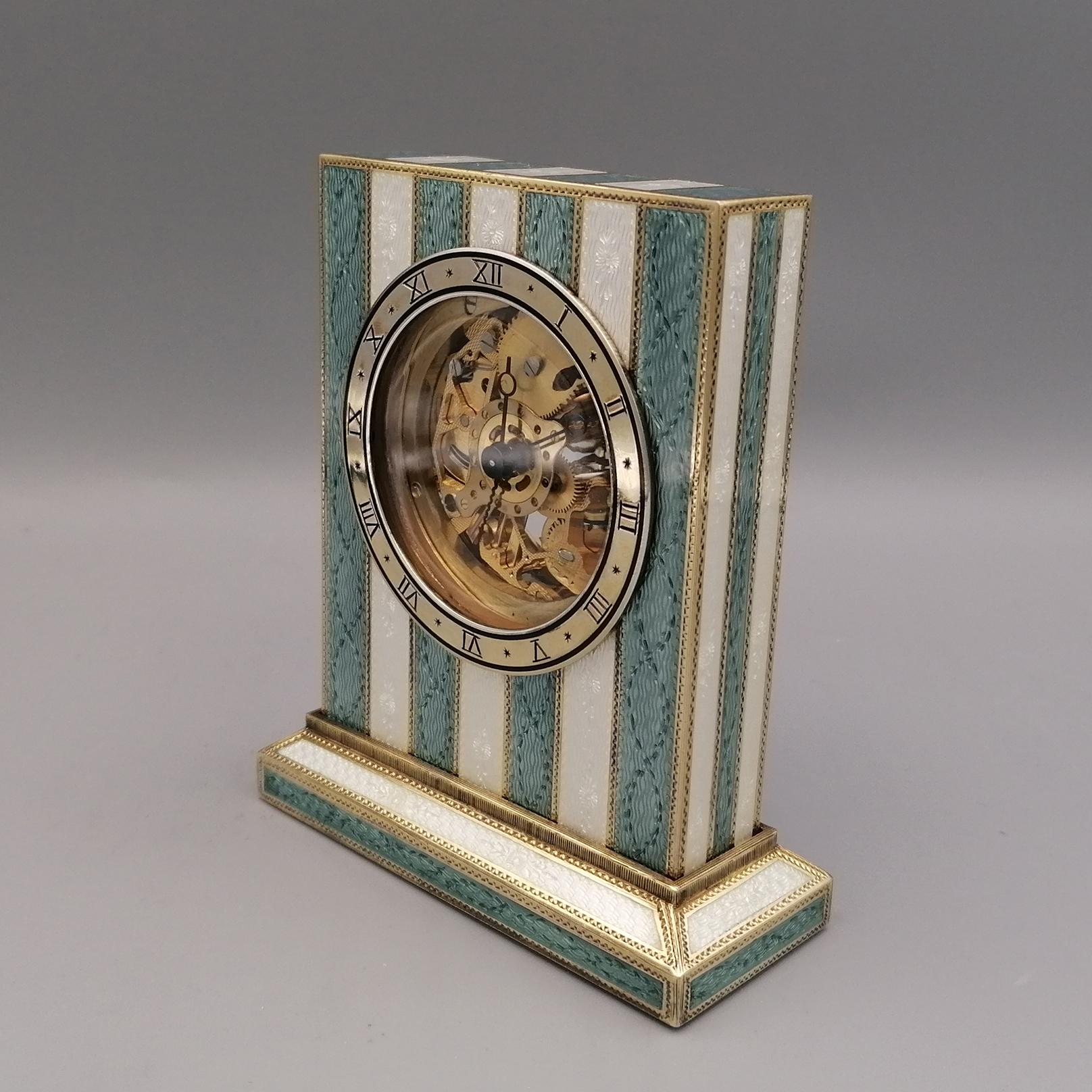 Enameled Sterling Silver Italian Table Clock Swiss Mechanical Skeletal Movement 8 Days For Sale