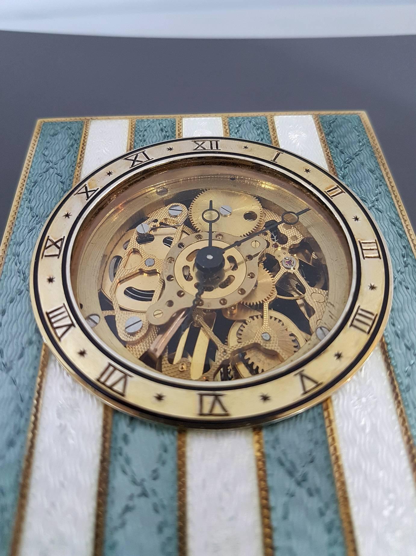 Sterling Silver Italian Table Clock Swiss Mechanical Skeletal Movement 8 Days For Sale 5