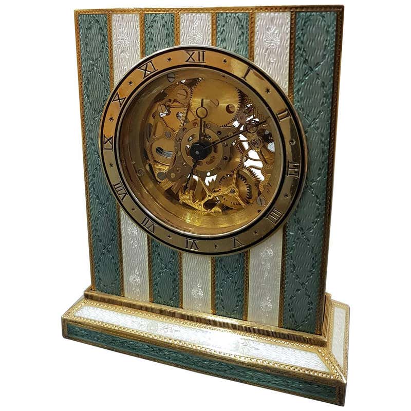 Italian Sterling Silver Table Clock with Enamels as Lapilazuli, Swiss ...