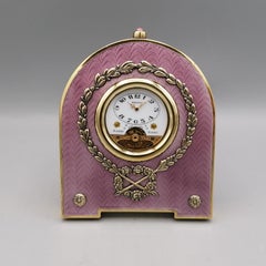 Sterling Silver Italian Table Clock with Translucent Enamel on Guillochè