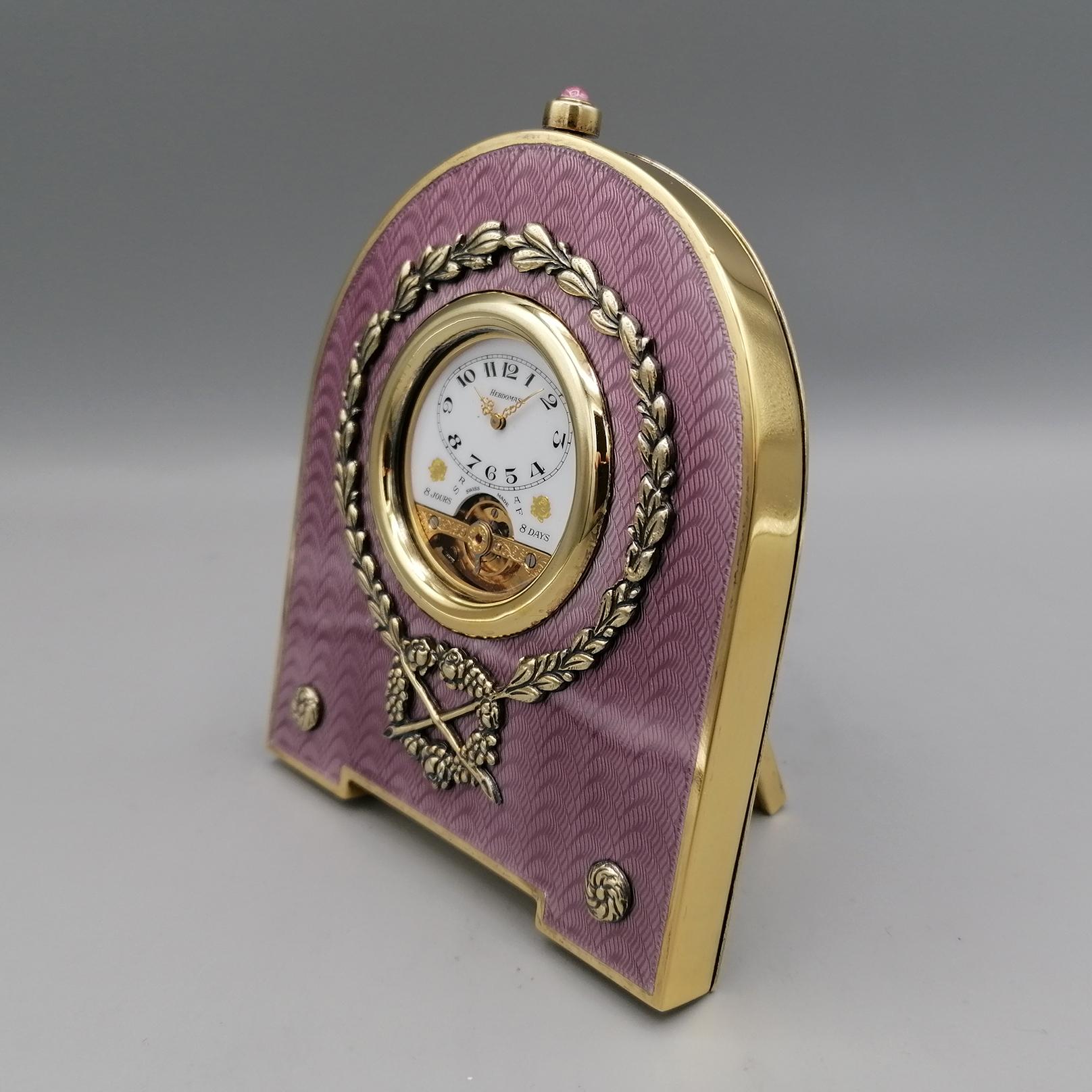 Other Sterling Silver Italian Table Clock with Translucent Enamel on Guillochè