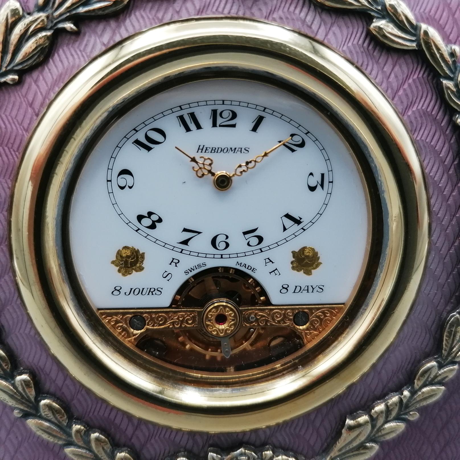 Sterling Silver Italian Table Clock with Translucent Enamel on Guillochè 1