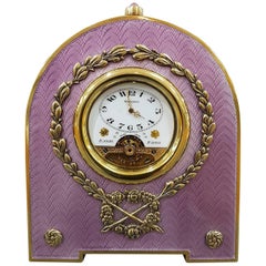 Sterling Silver Italian Table Clock with Translucent Enamel on Guillochè