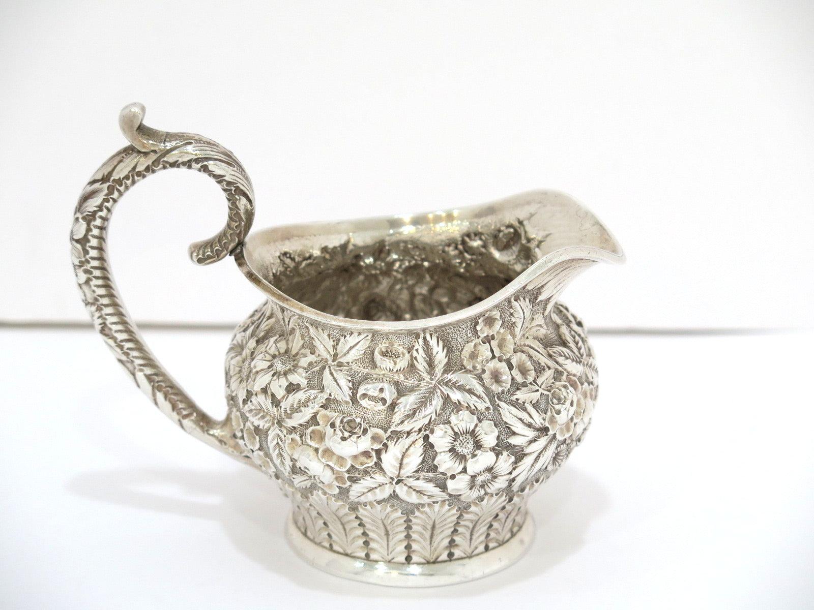 Sterling Silver Jacobi & Jenkins Antique c 1899 Floral Repousse Tea / Coffee Set For Sale 5