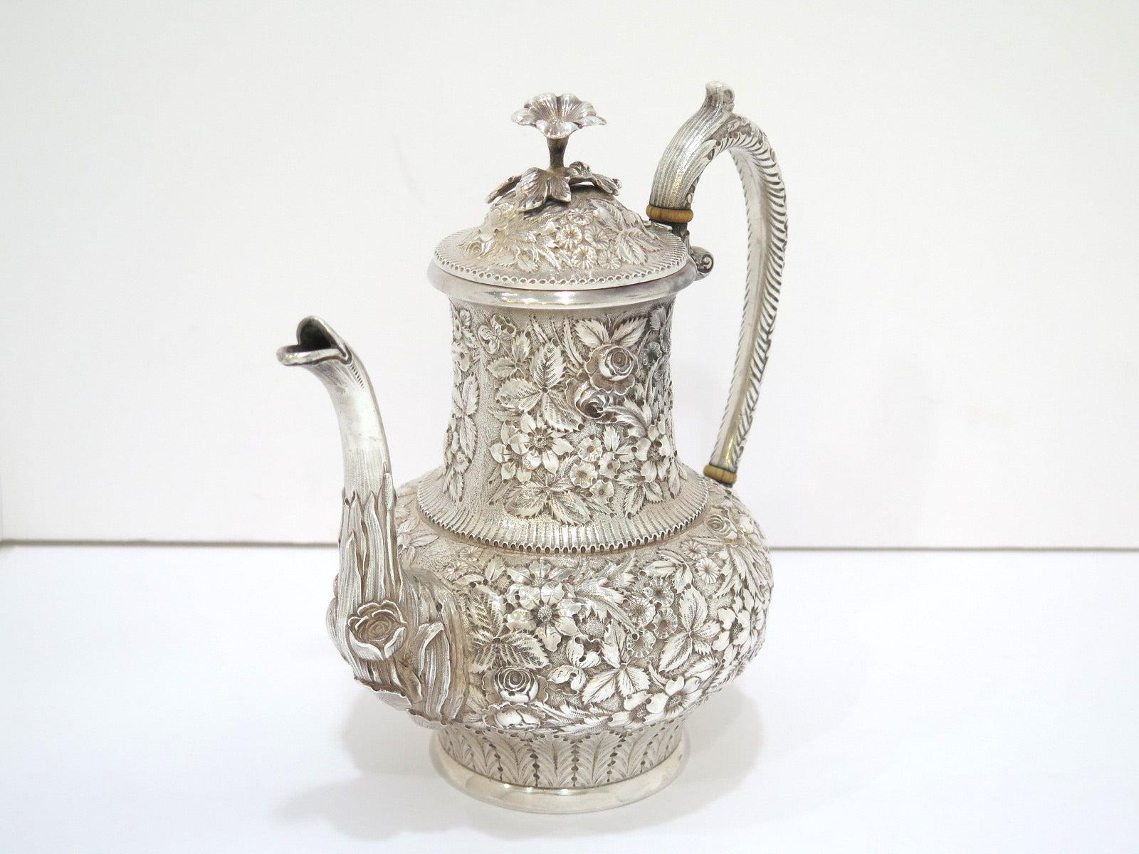 American Sterling Silver Jacobi & Jenkins Antique c 1899 Floral Repousse Tea / Coffee Set For Sale