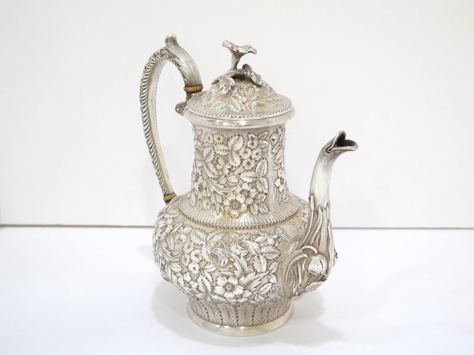 Repoussé Sterling Silver Jacobi & Jenkins Antique c 1899 Floral Repousse Tea / Coffee Set For Sale
