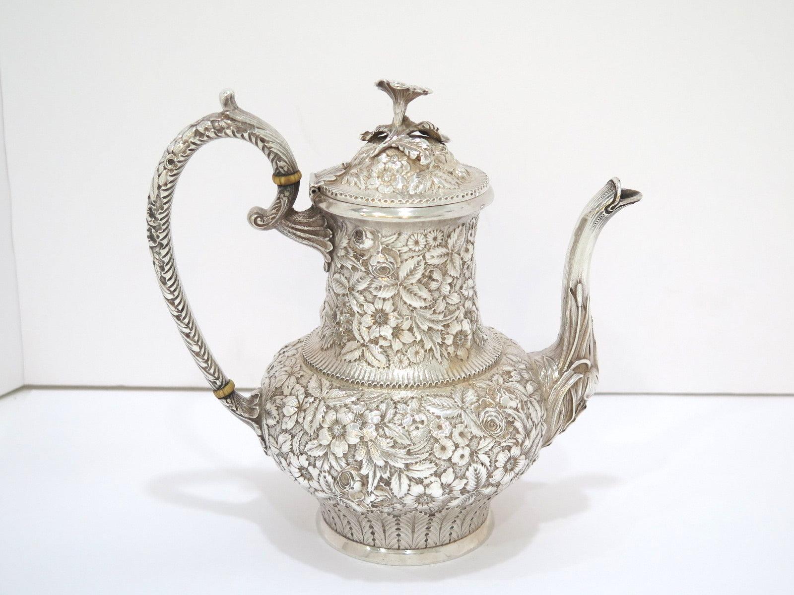Sterling Silver Jacobi & Jenkins Antique c 1899 Floral Repousse Tea / Coffee Set In Good Condition For Sale In Brooklyn, NY