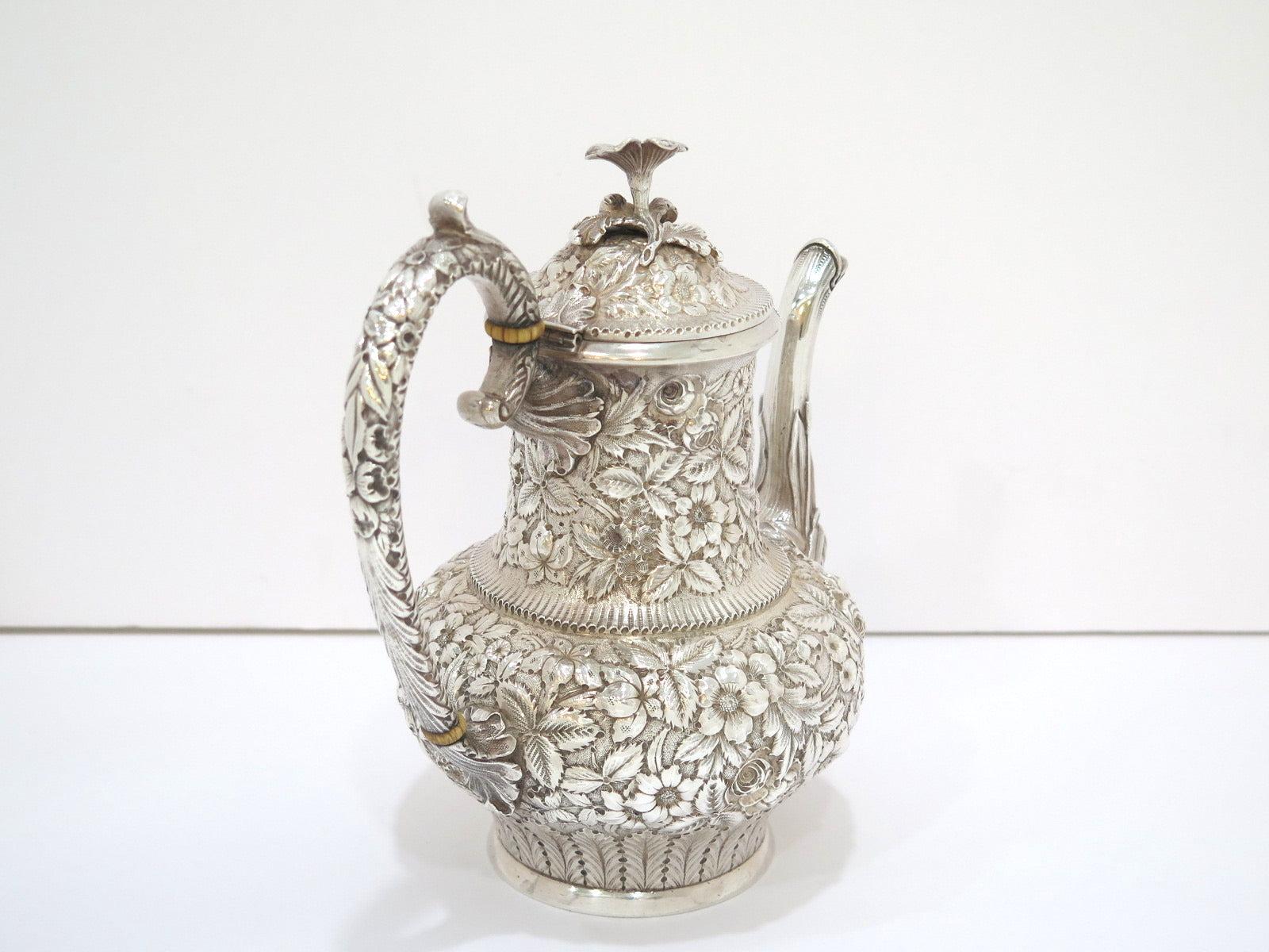 Late 19th Century Sterling Silver Jacobi & Jenkins Antique c 1899 Floral Repousse Tea / Coffee Set For Sale