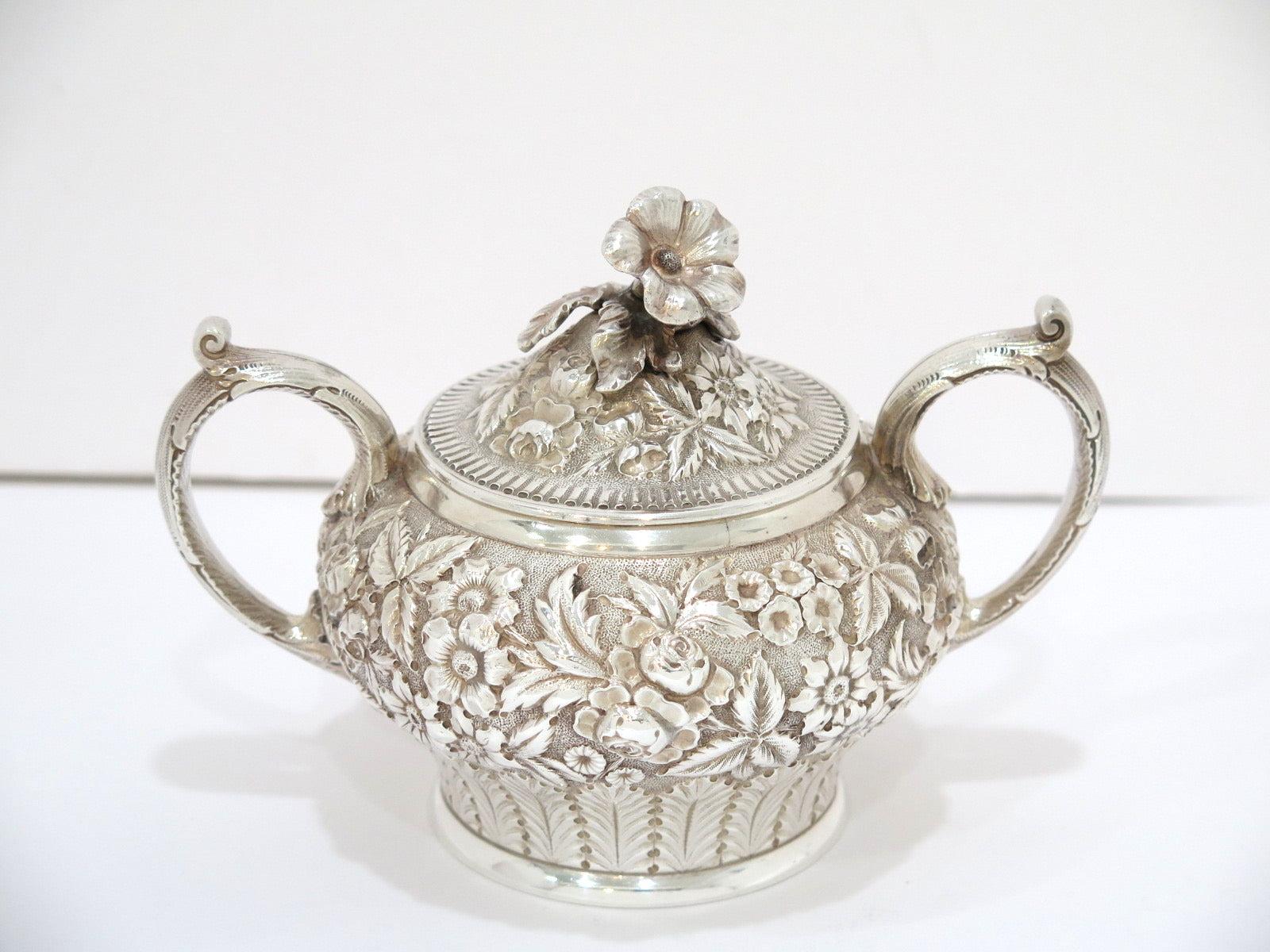 Sterling Silver Jacobi & Jenkins Antique c 1899 Floral Repousse Tea / Coffee Set For Sale 1