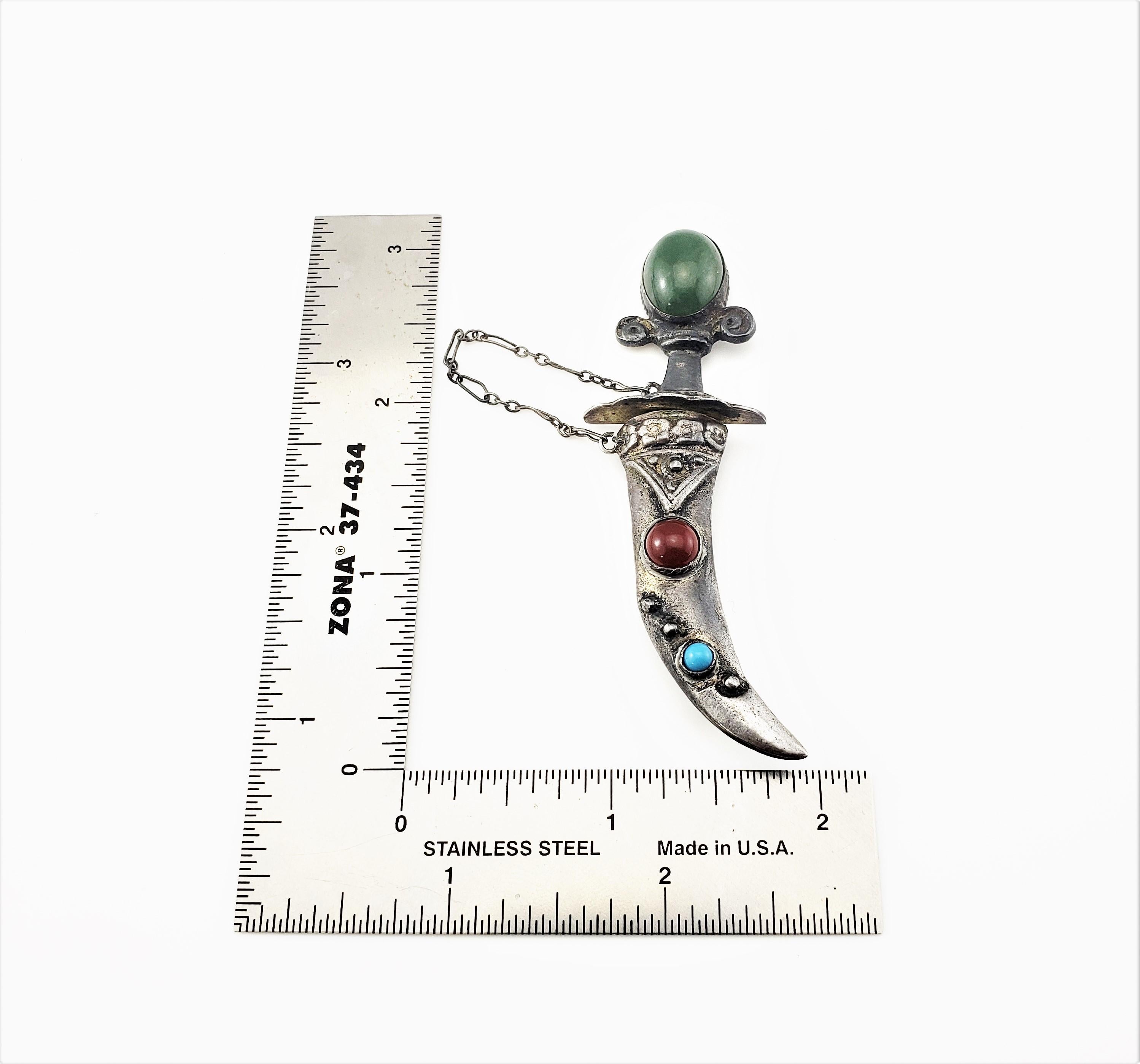 Women's or Men's Sterling Silver Jade, Carnelian and Turquoise Sword and Sheath Pin/Brooch