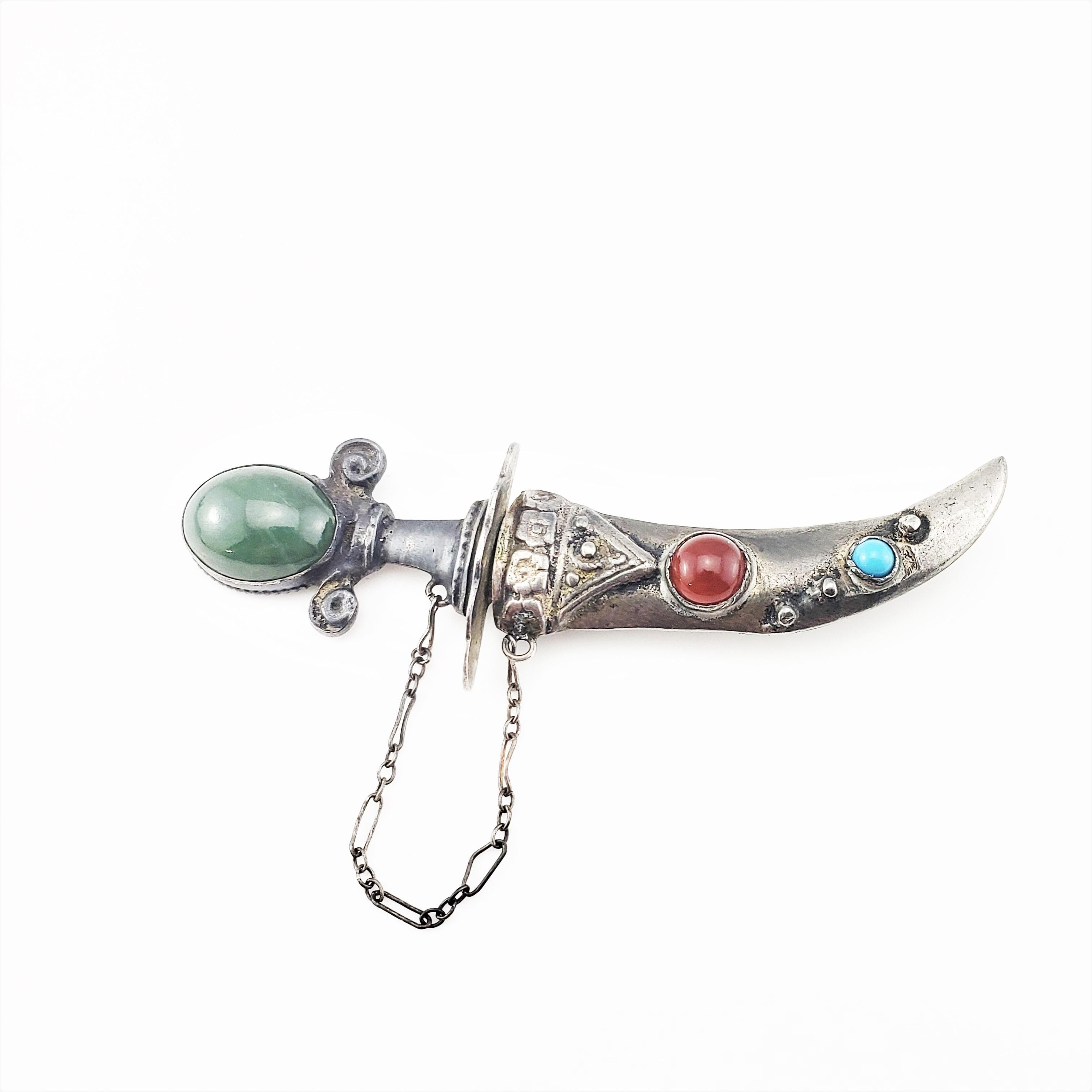 Sterling Silver Jade, Carnelian and Turquoise Sword and Sheath Pin/Brooch 1