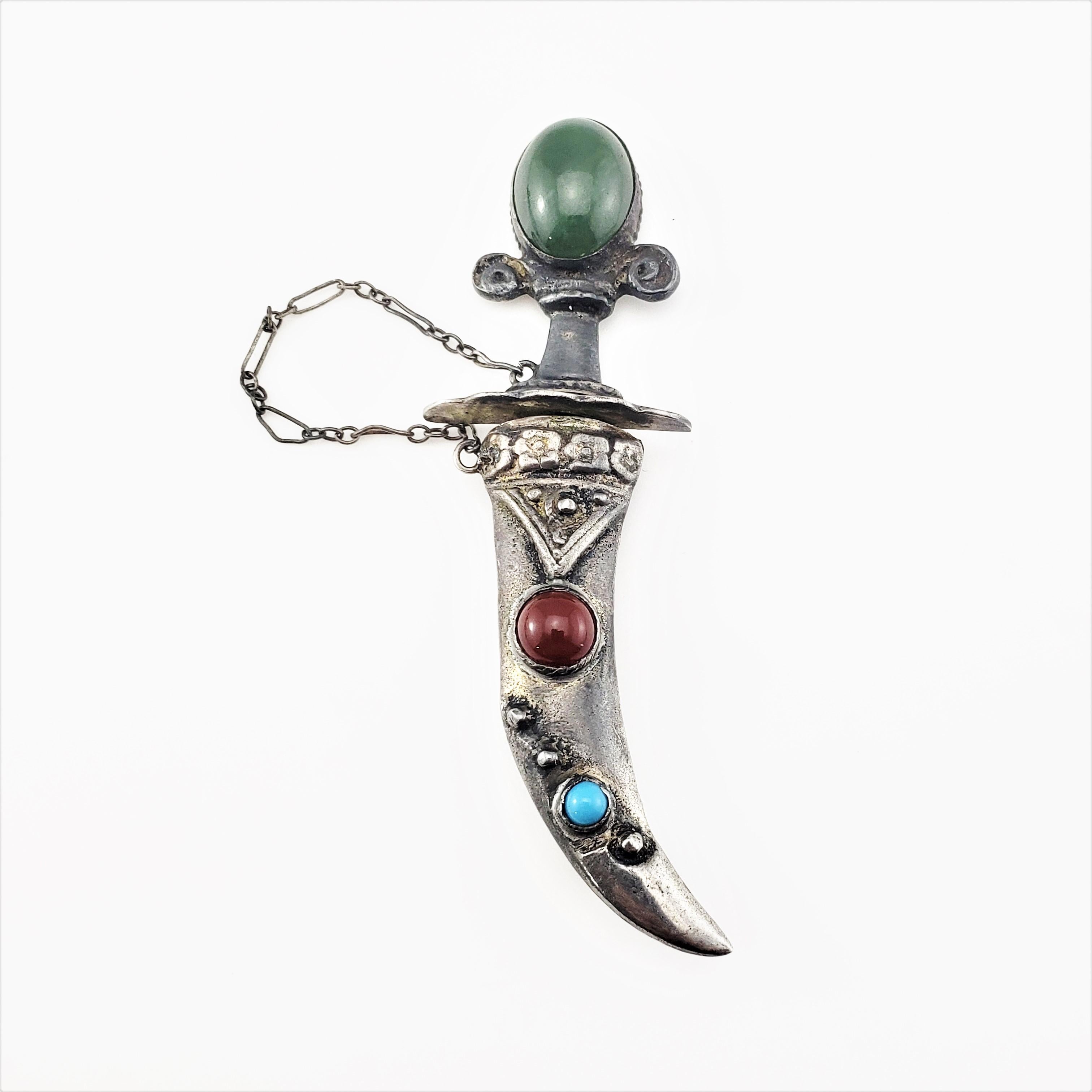 Sterling Silver Jade, Carnelian and Turquoise Sword and Sheath Pin/Brooch 2