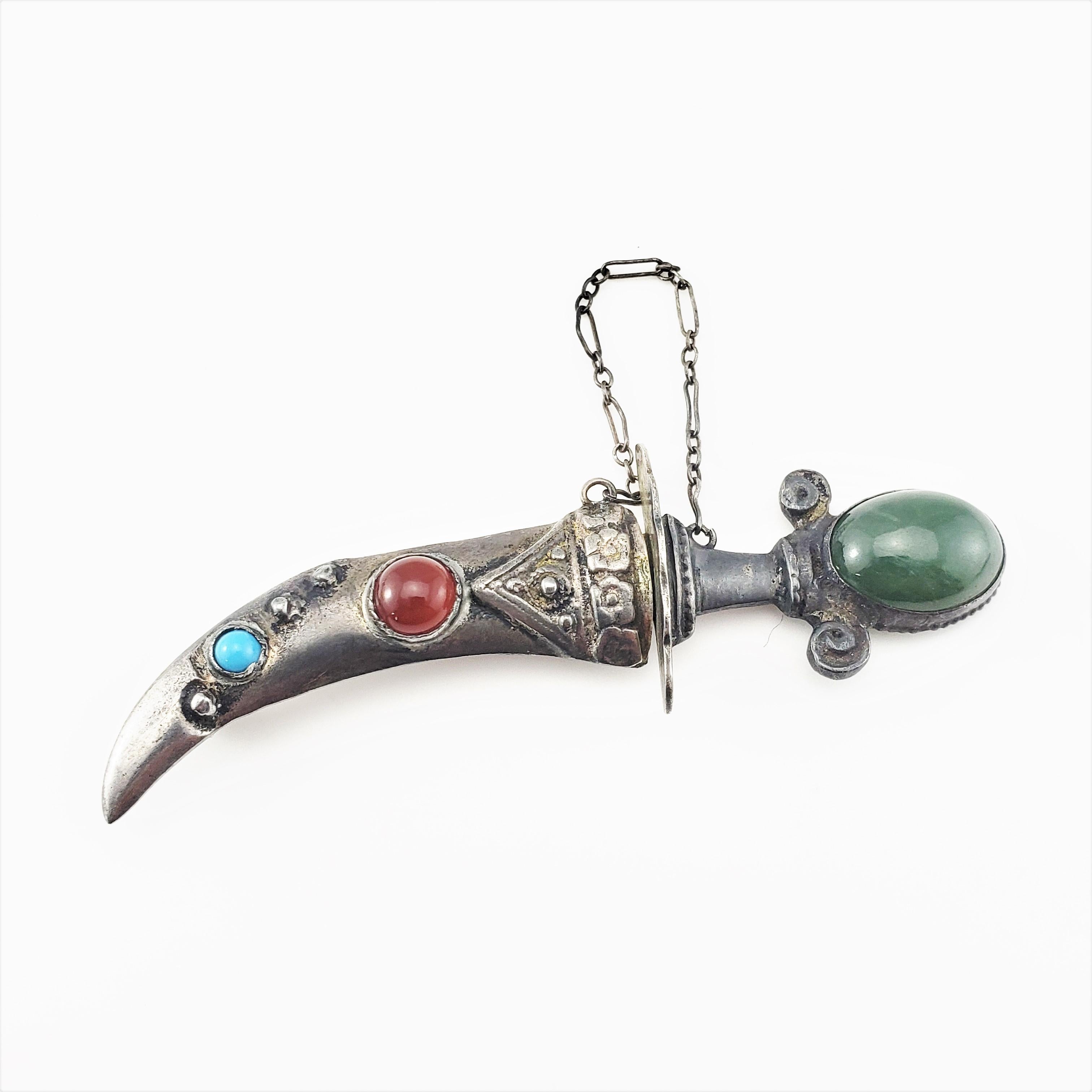 Sterling Silver Jade, Carnelian and Turquoise Sword and Sheath Pin/Brooch 3