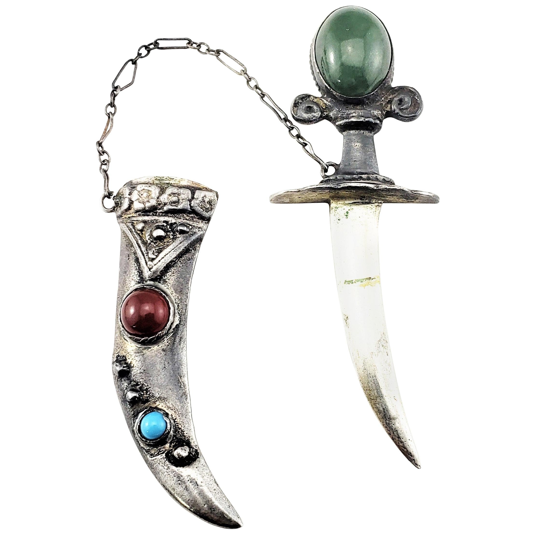 Sterling Silver Jade, Carnelian and Turquoise Sword and Sheath Pin/Brooch