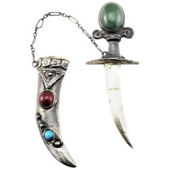Vintage Sterling Silver Jade, Carnelian and Turquoise Sword and Sheath Pin/Brooch