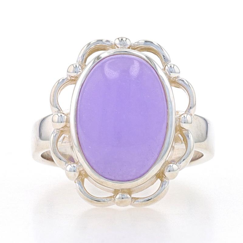 Size: 8
Sizing Fee: Up 2 sizes for $30 or Down 2 sizes for $30

Metal Content: Sterling Silver

Stone Information

Natural Jadeite
Treatment: Routinely Enhanced & Dyed
Cut: Oval Cabochon
Color: Lavender

Style: Cocktail Solitaire
Theme: