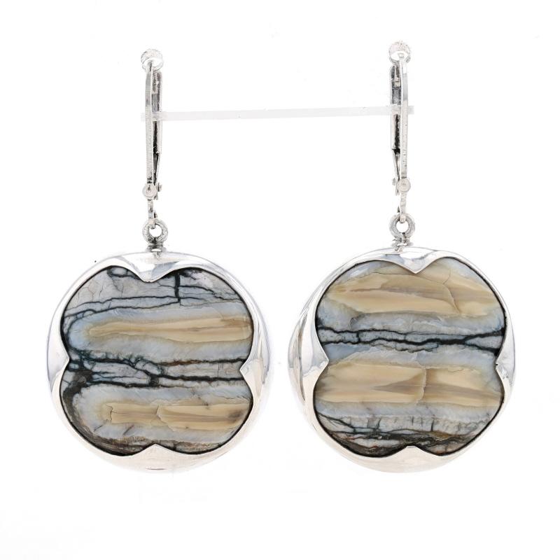 Metal Content: Sterling Silver

Stone Information
Natural Jasper
Color: Black, Grey, & Tan

Style: Dangle
Fastening Type: Leverback Closures
Features: Quatrefoil Scallop-Shaped Borders

Measurements
Tall: 1 21/32