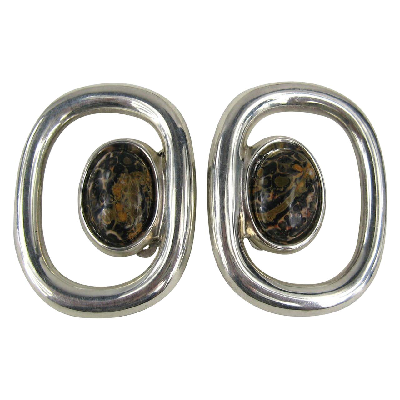  Sterling Silver Jasper Stone Earrings, Mexican Never worn  For Sale
