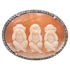 Sterling Silver Jennifer Miller Pave Diamond & Carved Shell Monkey Cameo Ring