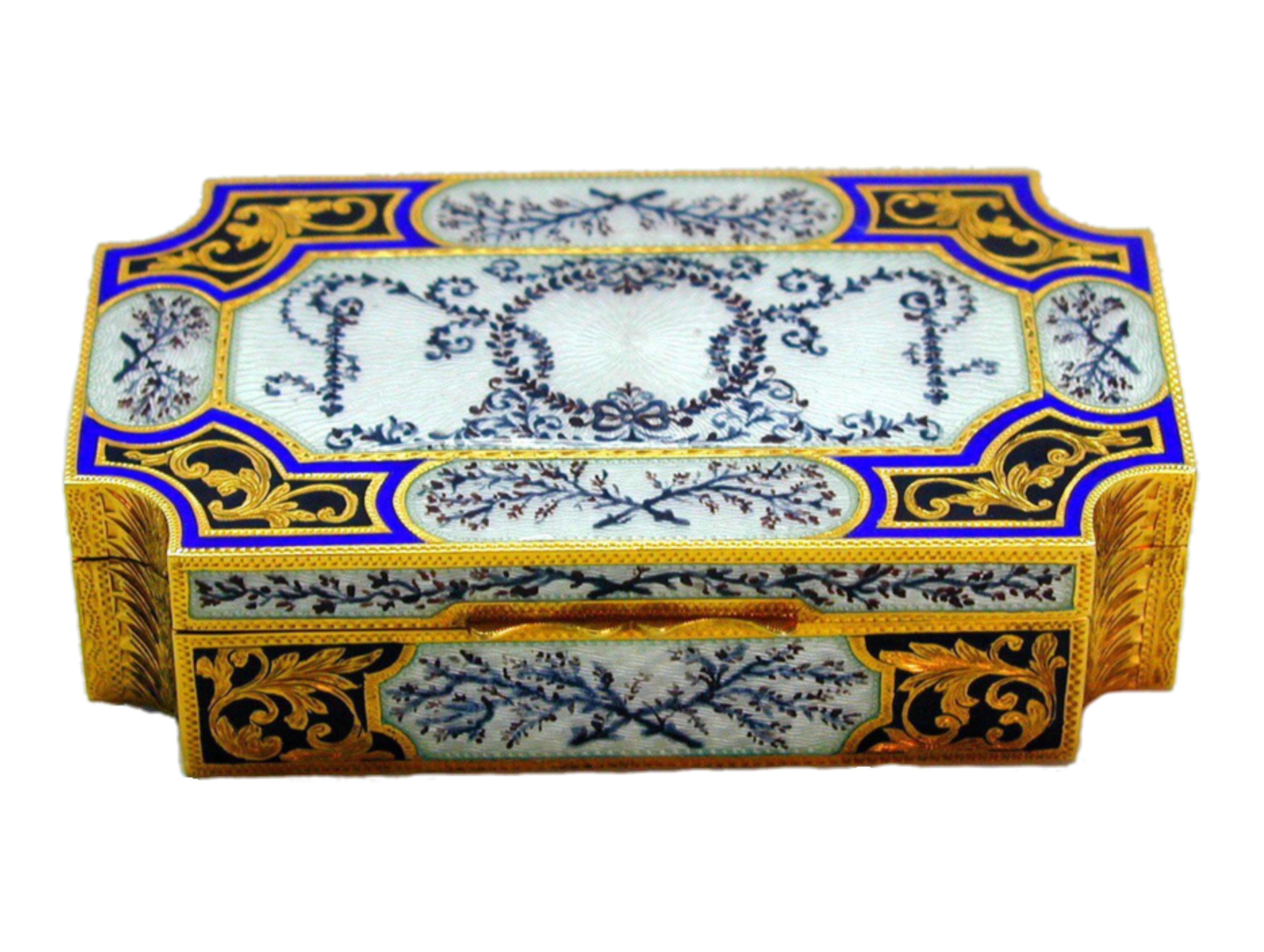 Rectangular box with concave corners in 925/1000 sterling silver gold plated with translucent fire enamels and late Russian Empire style ornaments hand painted on guilloché and artistic hand engraved finishing. Size cm. 6 x 11 x 3 Weight g. 280-