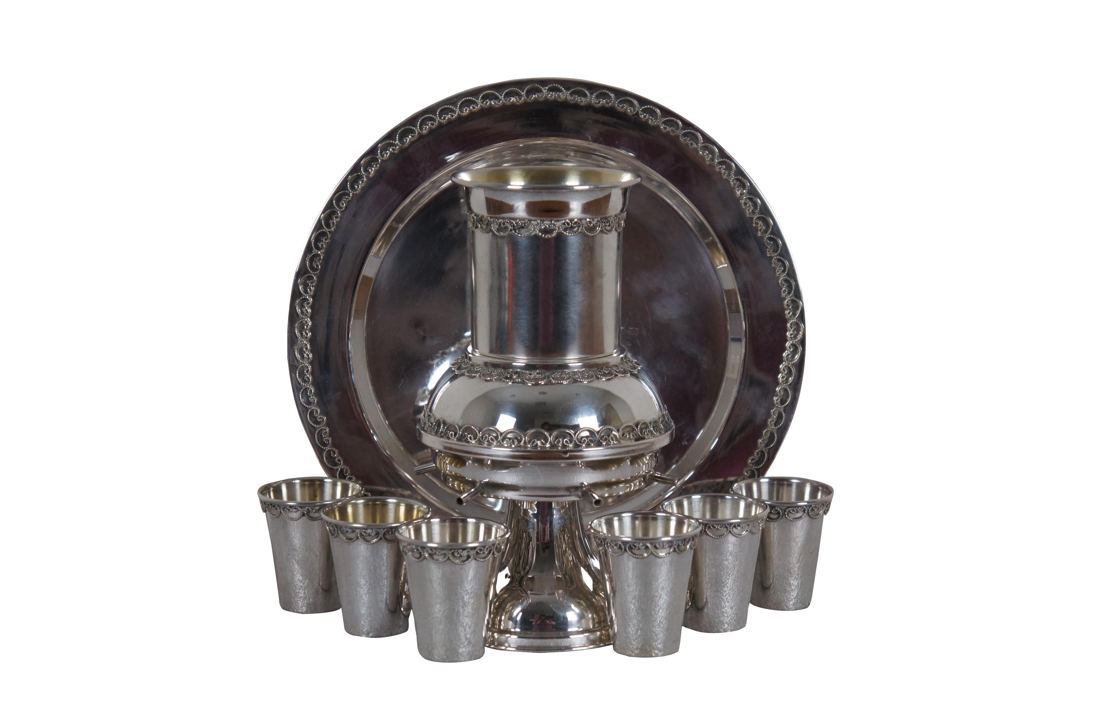 Sterling Silver Jewish Shabbat Kiddush Wine Fountain Set Cups Plate Judaica In Good Condition For Sale In Dayton, OH