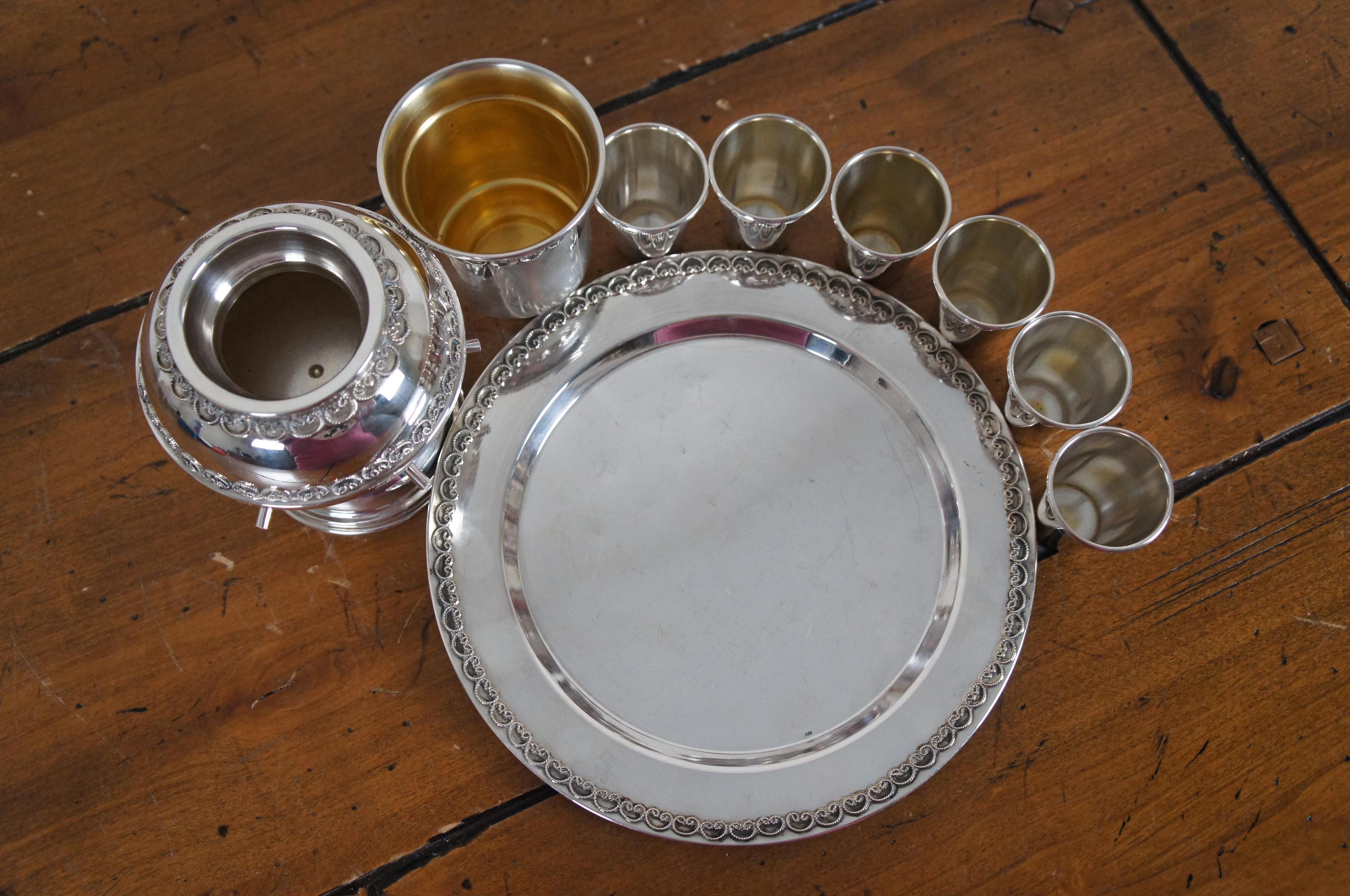 Sterling Silver Jewish Shabbat Kiddush Wine Fountain Set Cups Plate Judaica For Sale 2