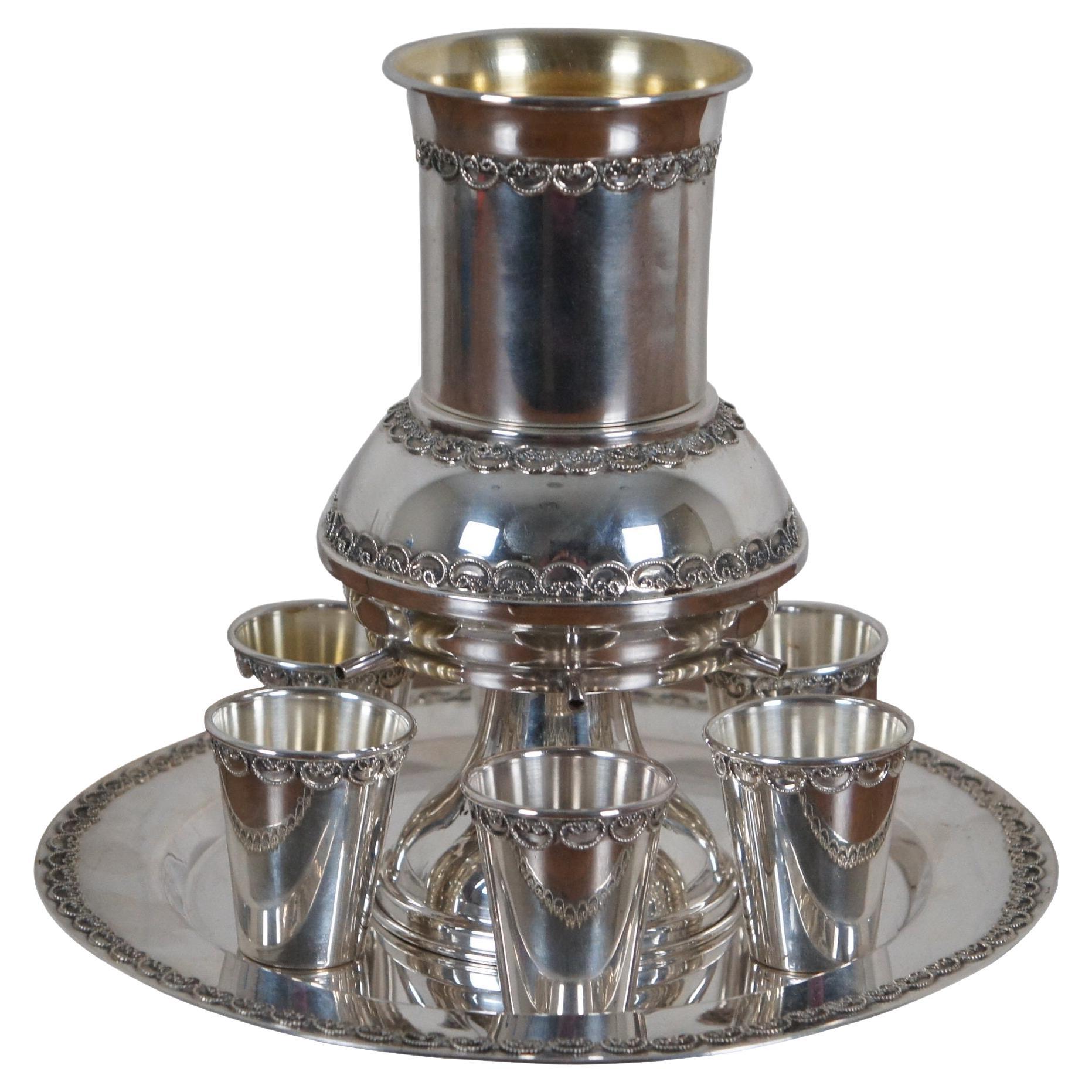 Sterling Silver Jewish Shabbat Kiddush Wine Fountain Set Cups Plate Judaica For Sale