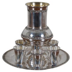 Retro Sterling Silver Jewish Shabbat Kiddush Wine Fountain Set Cups Plate Judaica