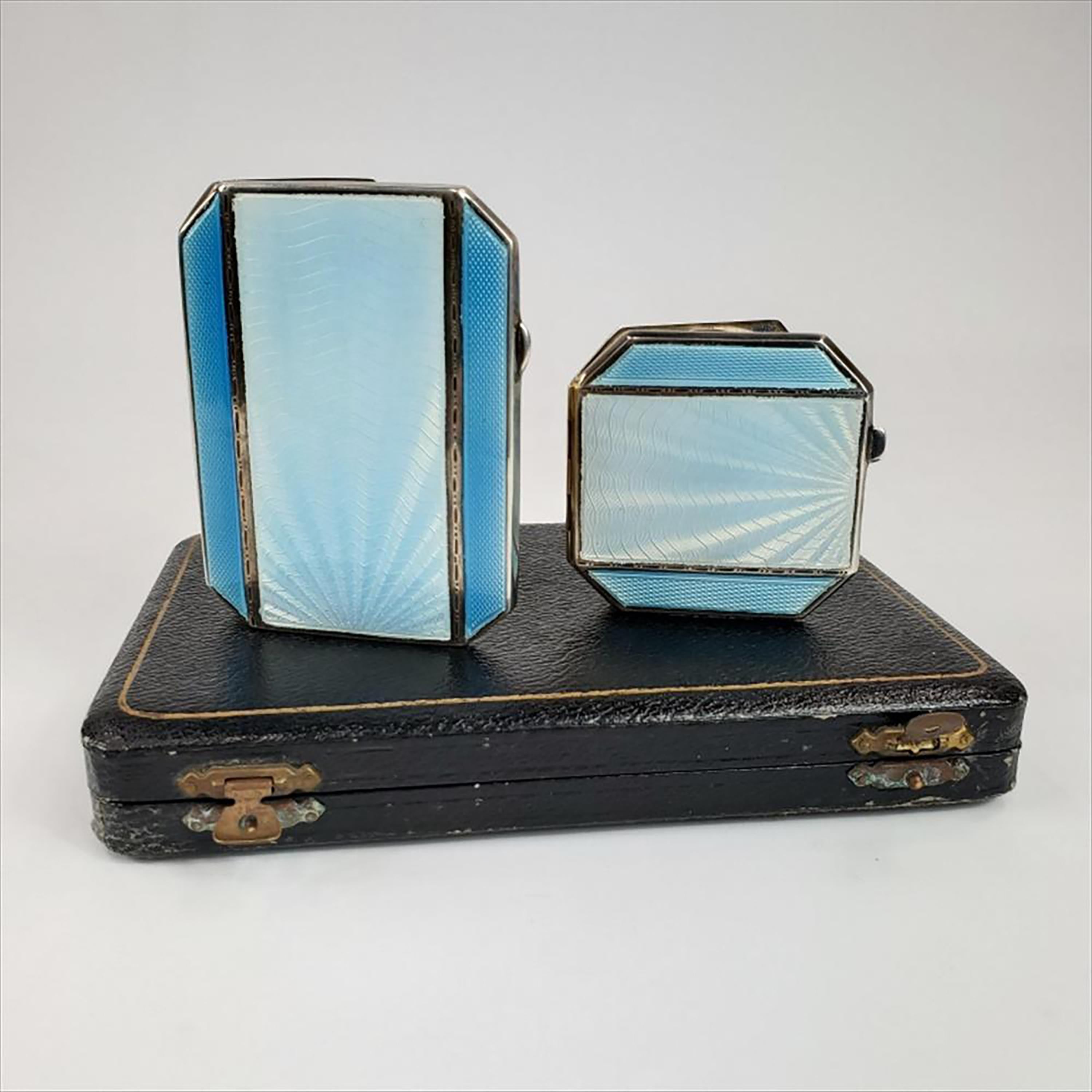 Art Deco Sterling Silver Joseph Gloster Guilloche Blue Enamel Cigarette Case & Mirror
